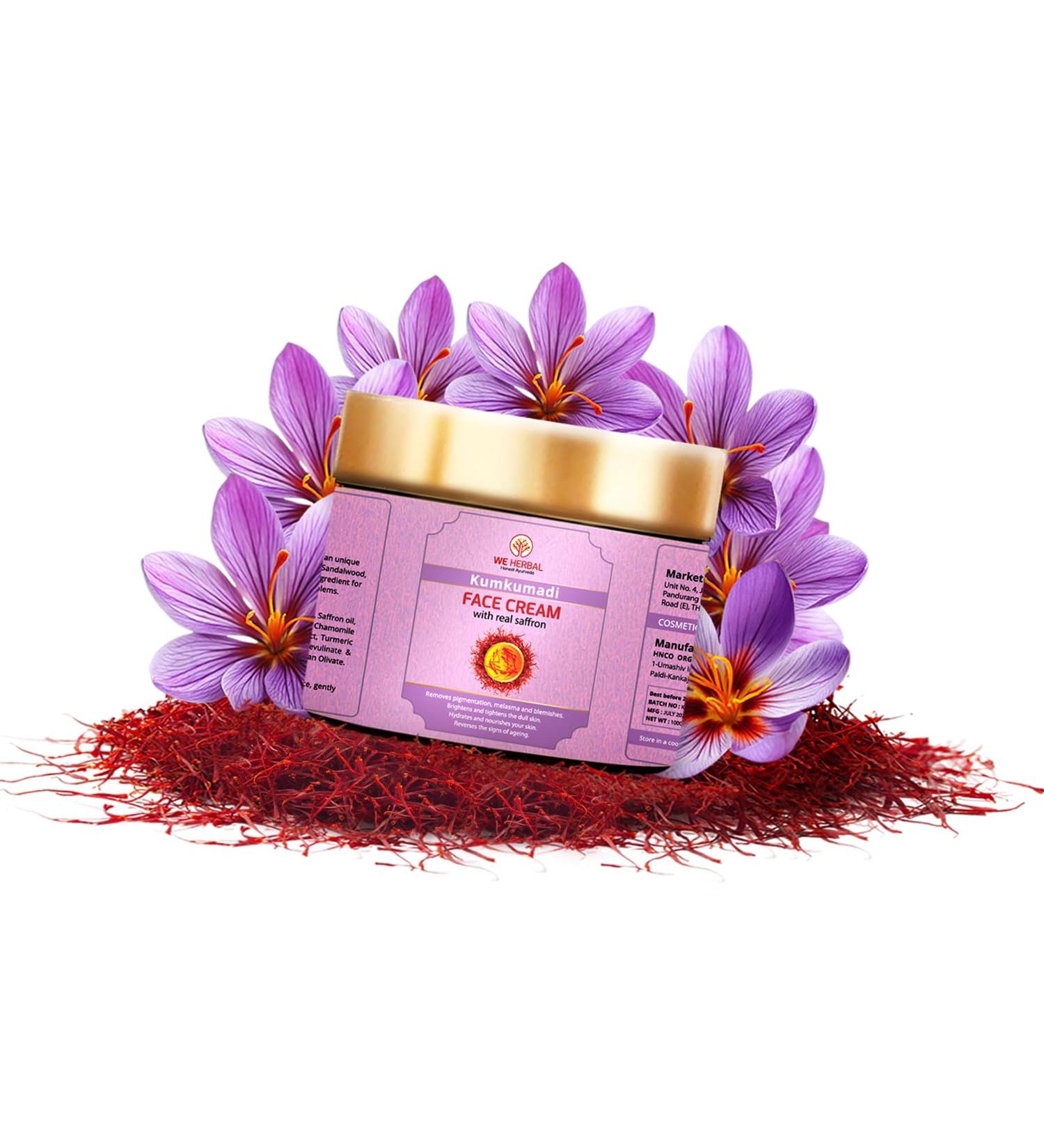 WE HERBAL Kumkumadi Face Cream | Ayurvedic Moisturiser with Saffron Aloe Vera & Sandalwood | Brightens Hydrates & Fades Dark Spots | No Chemicals Colour or Fragrance | 100gm (3.5 Fl Oz) - Buy Online on GoSupps.com