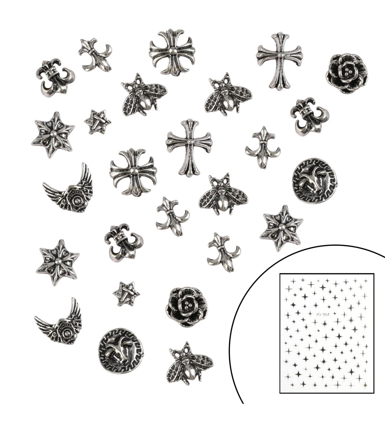 Cross Nail Art Charms 3D Cute Punk Metal Nail Decorations for Women & Girls - 50PCS Antique Silver DIY Manicure Accessories Retro Rose Studs Rivets Hearts Ornaments - Buy Online on GoSupps.com
