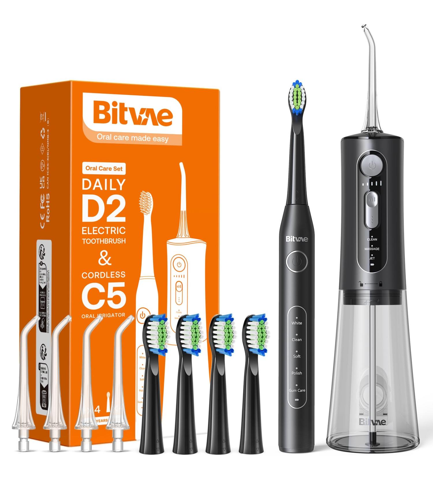 Bitvae Mouth Shower & Electric Toothbrush Combo - 3 Modes 5 Pressure Levels Wireless 4 Heads & Tips - Elegant Black - Buy Online on GoSupps.com