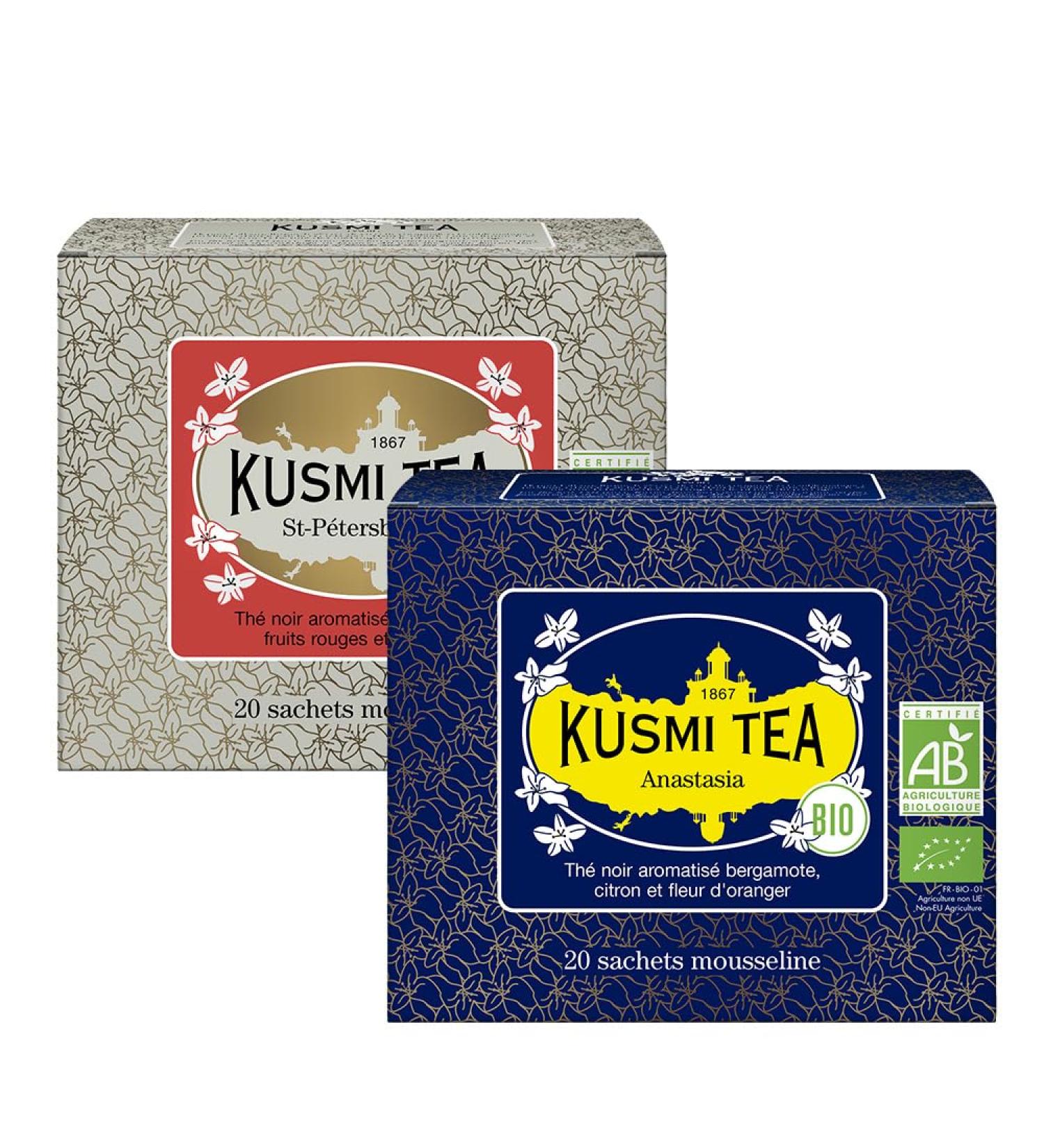 Kusmi Tea - Anastasia + St-Petersbourg - Lot de 2 bo tes - Th Noir Biologique la Bergamote + Th Noir Bio avec Fruits Rouges Caramel Vanille et Bergamote - Earl Grey - 2x20 Sachets de Th  - Buy Online on GoSupps.com