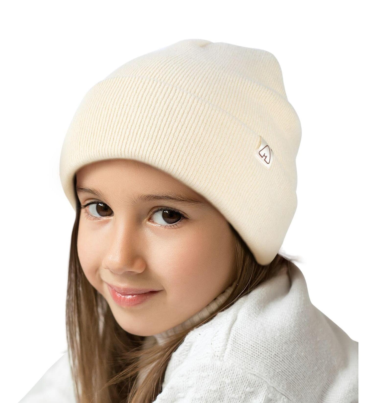 Kids Satin Lined Beanie Winter Hats for Toddlers Knit Cuffed Beanie with Silk Lining Beige