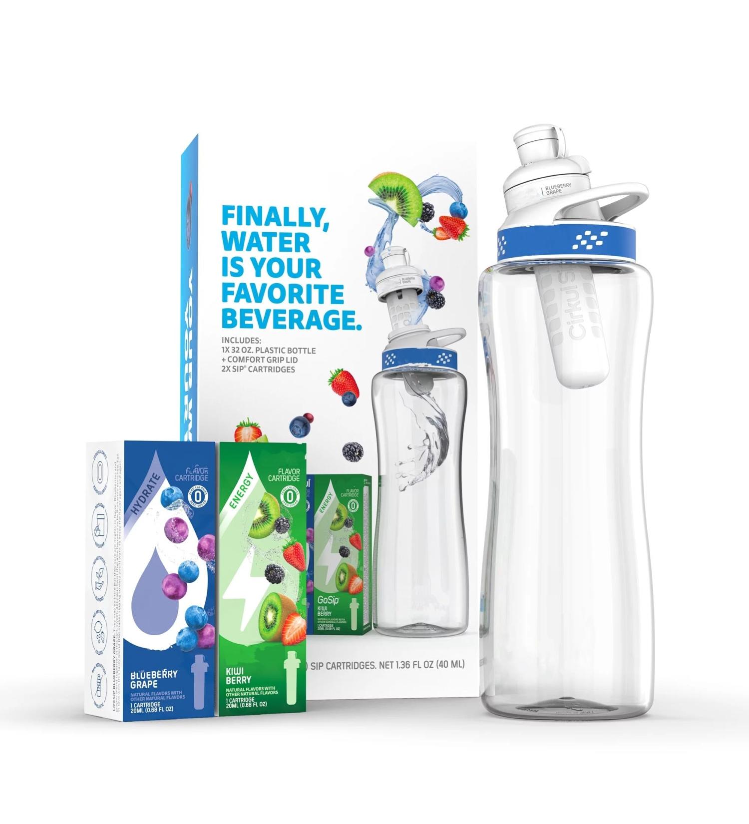 Cirkull 32 oz Plastic Water Bottle Starter Kit with Blue Lid + 1 Blueberry Grape & 1 Kiwi Berry Cartridge - Stay Hydrated All Day!