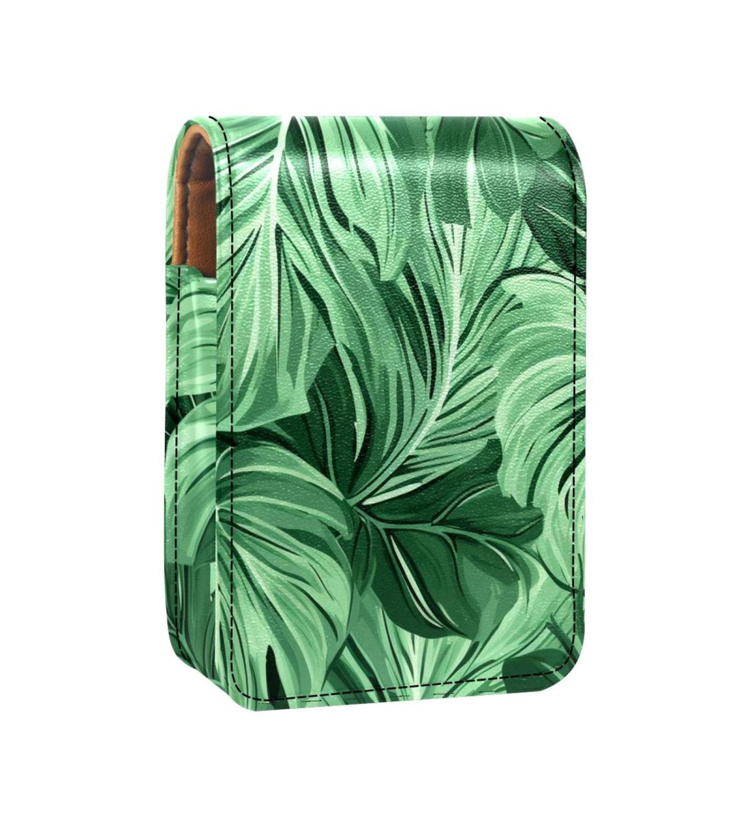 Lipstick Case Organizer | Leather Lip Gloss Holder with Mirror | Mini Tropical Palm Leaves Design - Buy Online on GoSupps.com