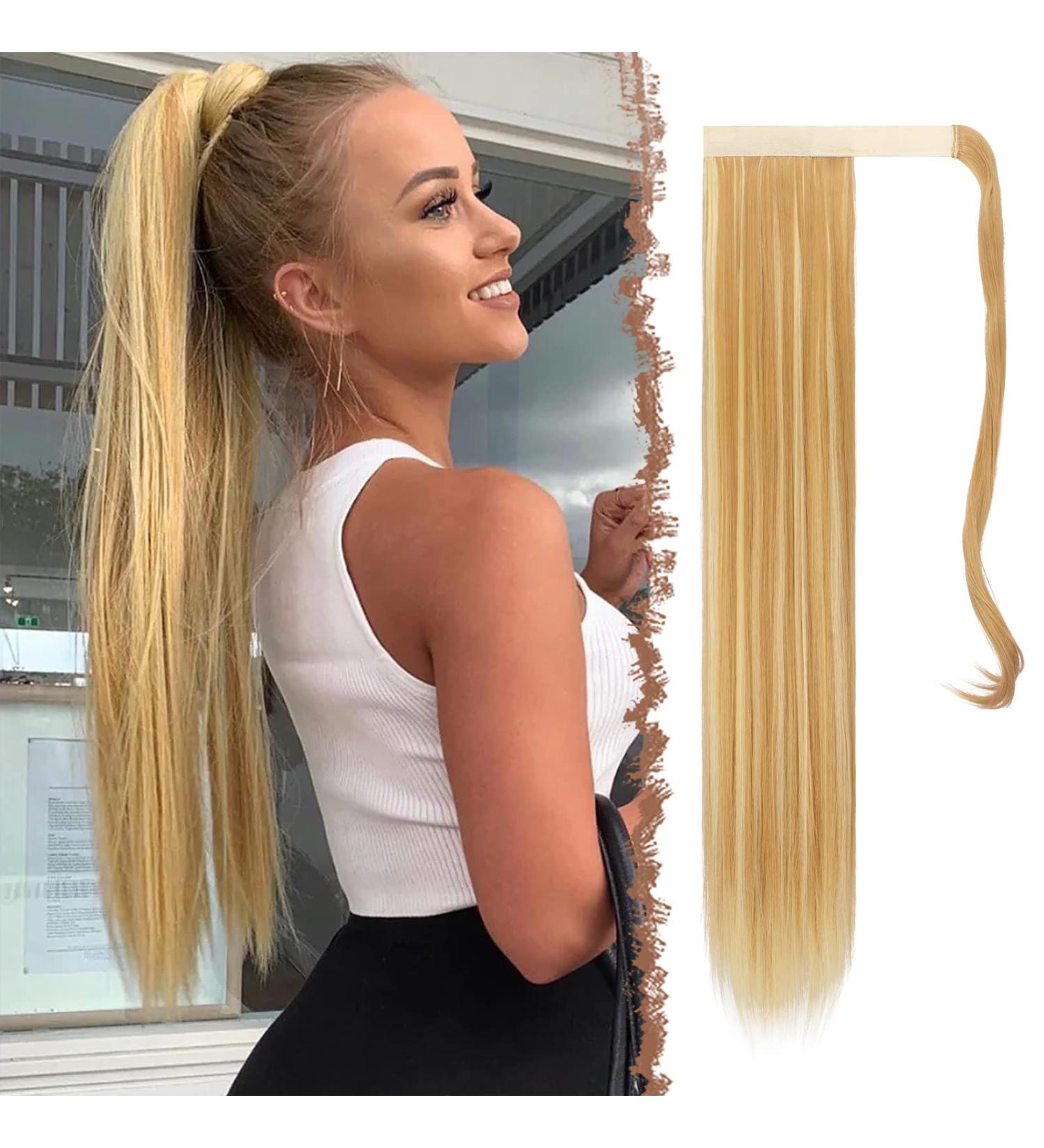 FESHFEN 28 Straight Synthetic Wrap Around Ponytail Extension in 27H613 Strawberry Blonde & Bleach Blonde - Clip in Hairpiece for Women - Buy Online on GoSupps.com