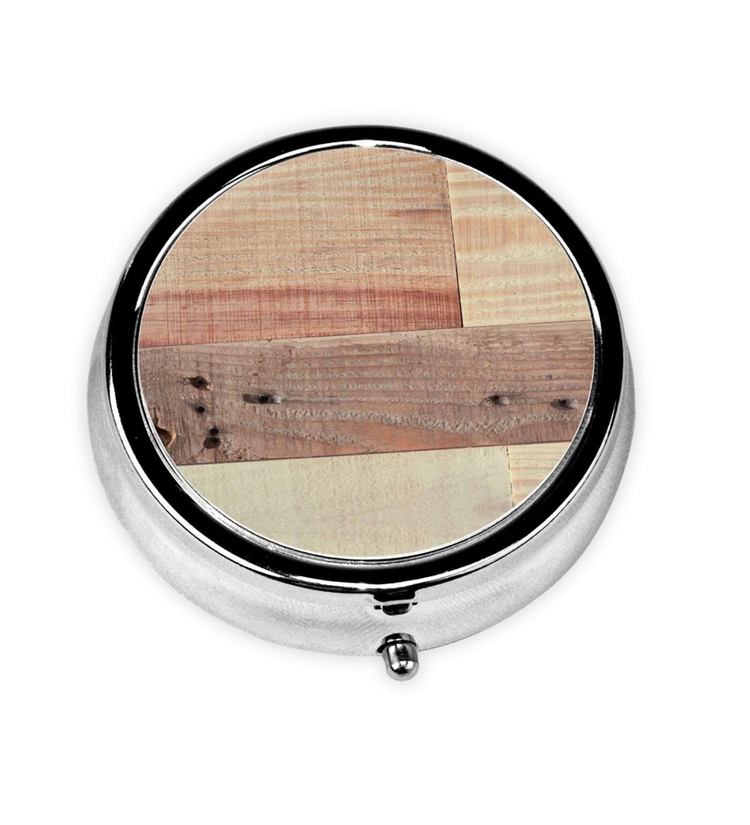 Rustic Wood Background Round Pill Box | Portable Mini Pill Organizer with 3 Compartments - Ideal for Pocket & Purse - Buy Online on GoSupps.com