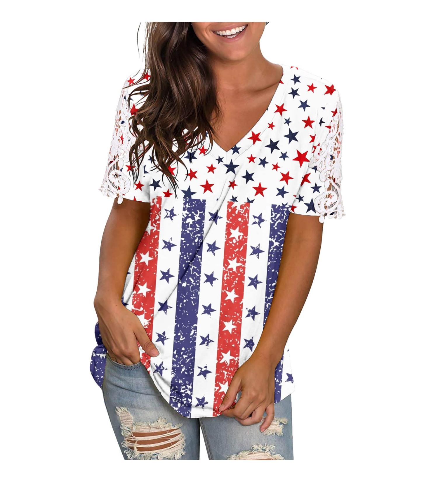 4th of July Women's Patriotic T-Shirt V-Neck Short Sleeve Blouse - USA American Flag Loose Fit Tee in Blue (Medium) - Buy Online on GoSupps.com