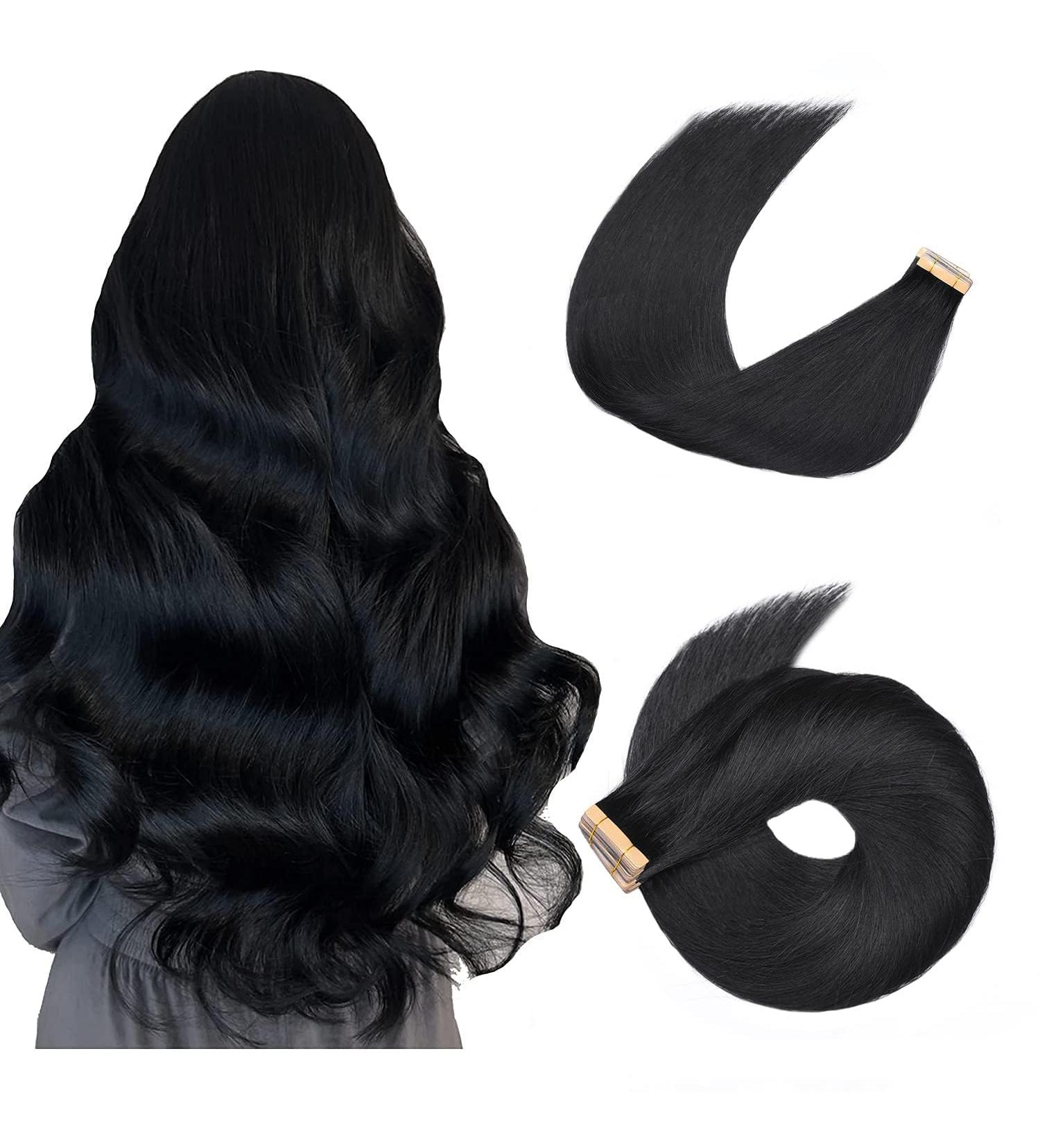 Hotlulana 24-Inch Deep Black Tape Extensions | 100% Natural Real Hair | 20PCs Skin Weft | Invisible 50g #1 Low Black - Buy Online on GoSupps.com