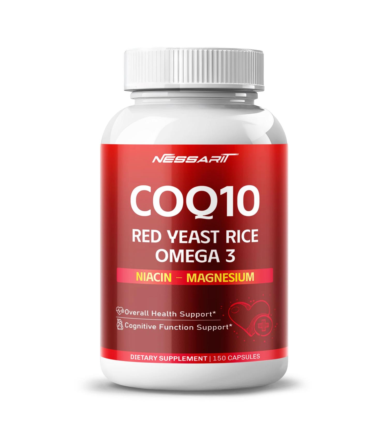 COQ10 + Red Yeast Rice Supplement - 10-in-1 Natural Blend with Omega 3 Vitamin B3 K2 D3 Zinc Milk Thistle Black Pepper - 150 Count 150 count (pack of 1)