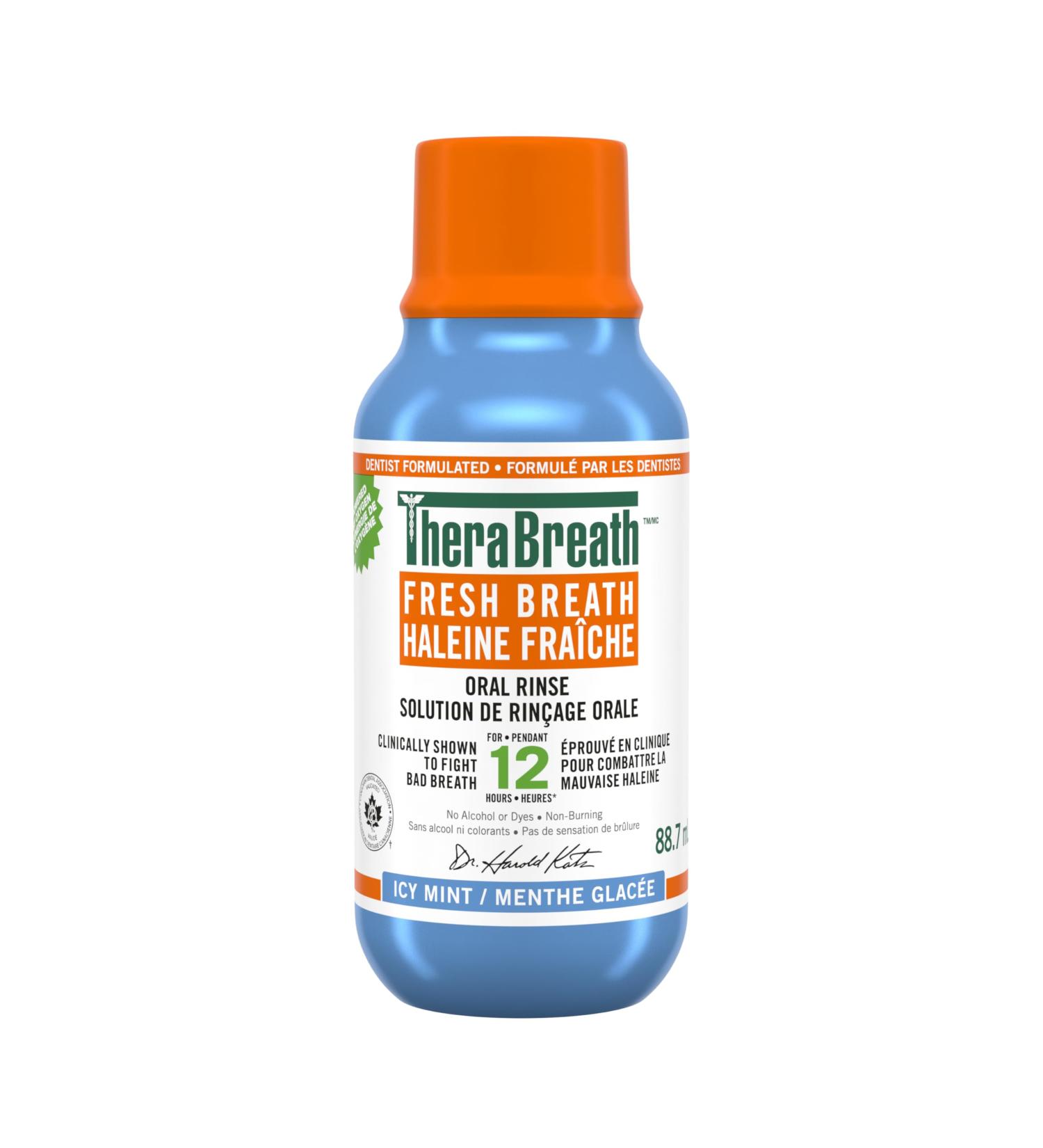 TheraBreath Fresh Breath Oral Rinse Travel Size Clinically Shown to Fight Bad Breath for 12 Hours. Alcohol-Free & Dye-Free Mouthwash Certified Vegan Halal Kosher & Gluten-Free. Icy Mint 88.7ml (Pack of 1)