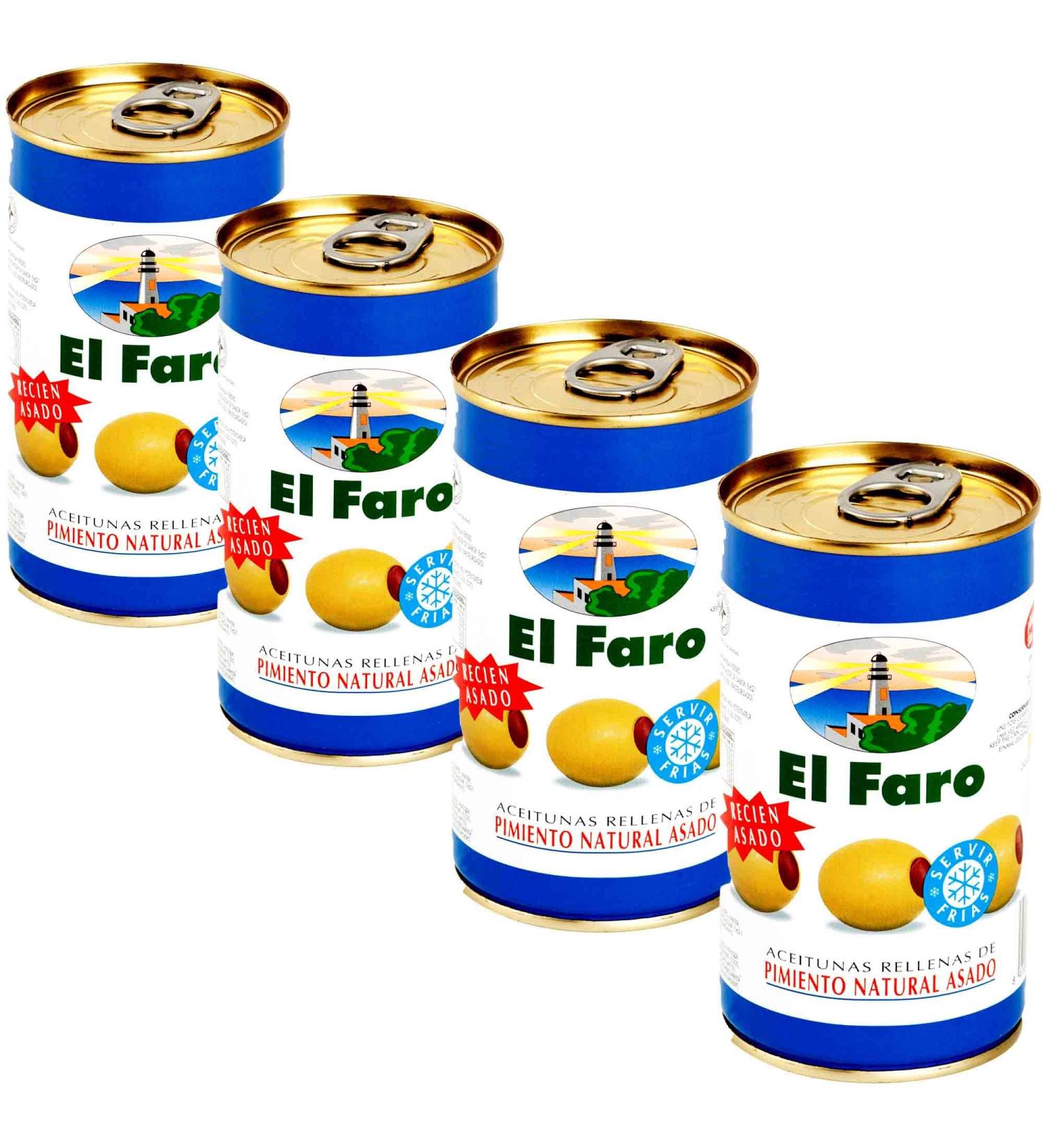 El Faro 4x 350g (150g drained) Spanish Green Olives Filled With Roasted Red Pepper Snack