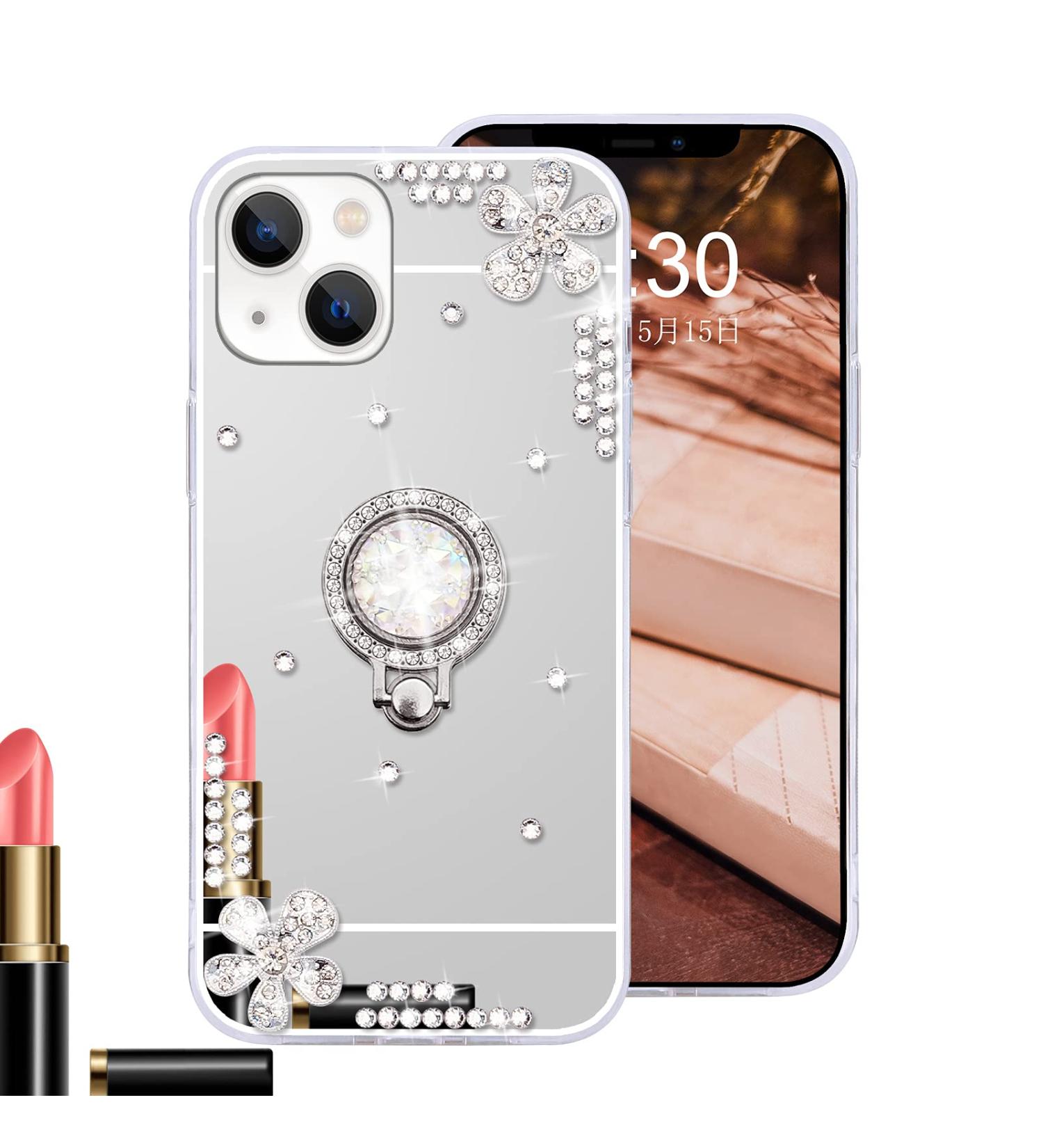 Omorro iPhone 13 Mini Makeup Mirror Case - Luxury Bling Glitter Rhinestone with Diamond Ring Stand - Cute Girly Silver Case for Women & Girls - Buy Online on GoSupps.com