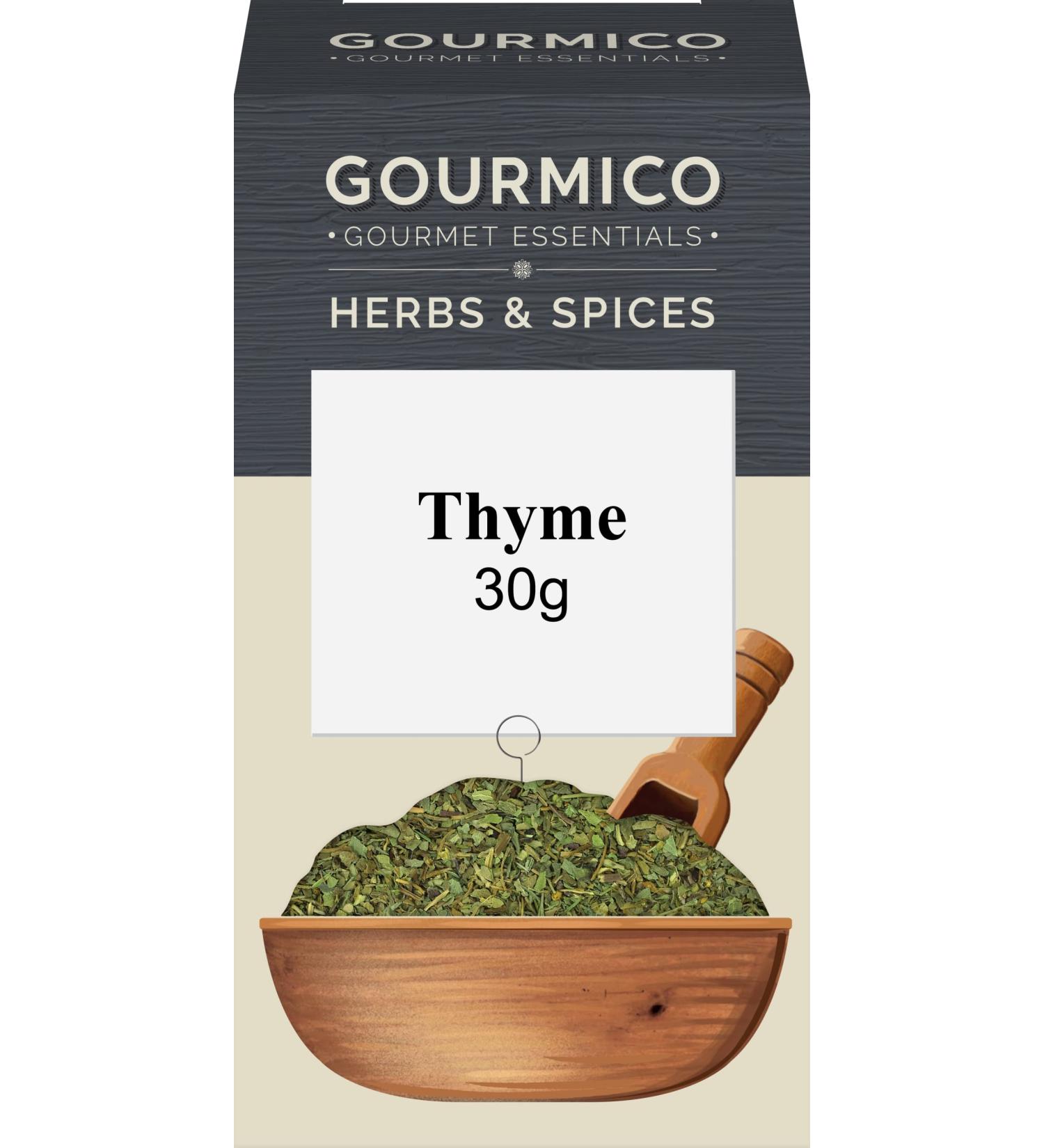 GOURMICO Dried Thyme An Ideal Herb for Meats & Tomato Based Dishes or Paired with Vegetables Seafood and Sauces. Suitable for Vegetarians and Vegans 30g Pack