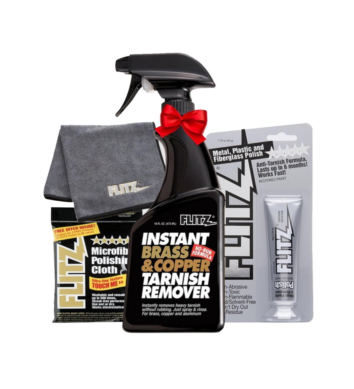 Flitz BC 01806 Instant Brass & Copper Tarnish Remover | 16 oz Spray Cleaner & Metal Polish Cream | Extra Large Microfiber Cloth for Shine & Corrosion Removal - International Shipping Available - Buy Online on GoSupps.com