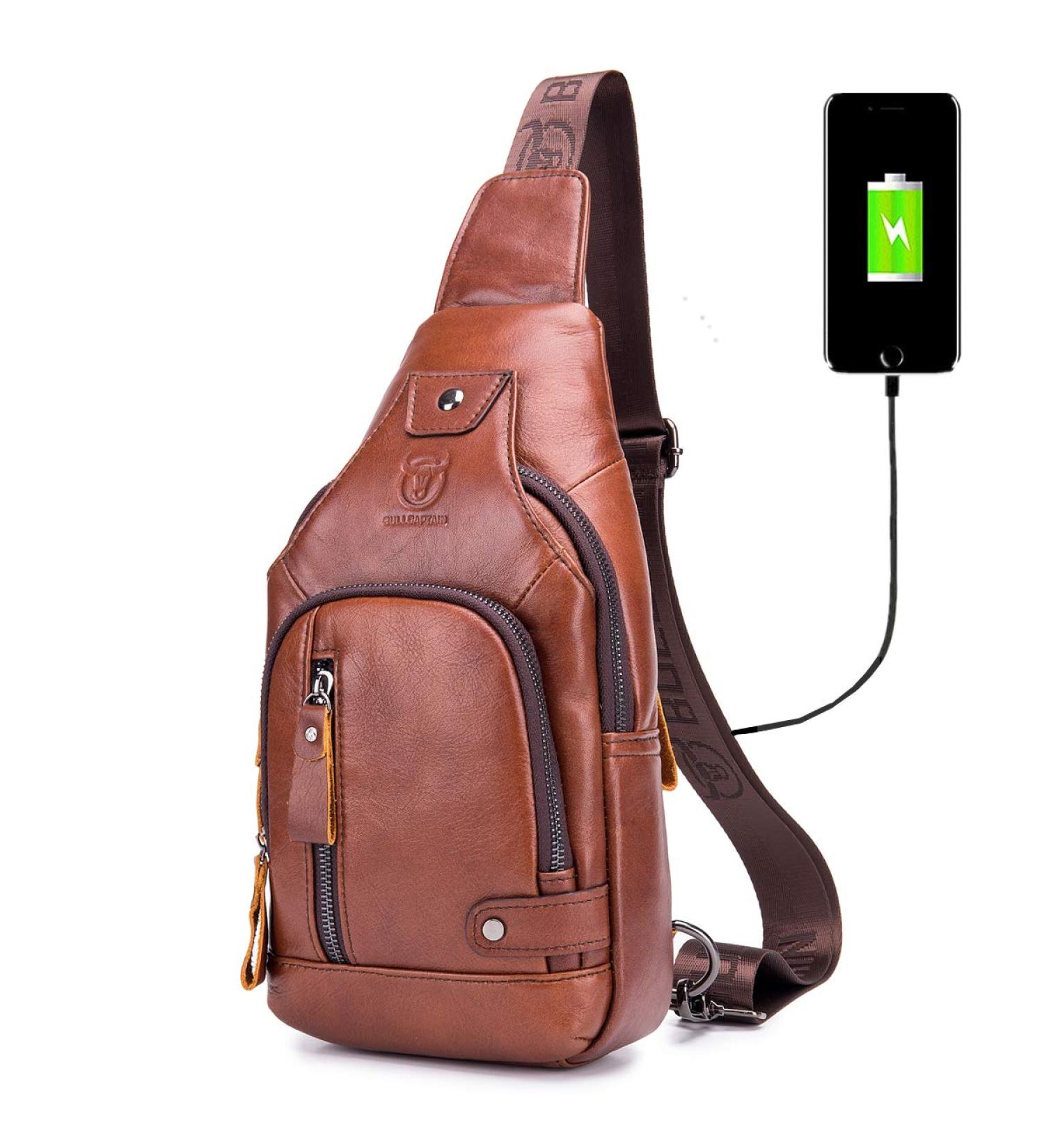 BULLCAPTAIN Genuine Leather Sling Backpack | USB Charging Port | Multi-pocket Chest Bag | Hiking Travel Daypack XB-129 Brown - Buy Online on GoSupps.com