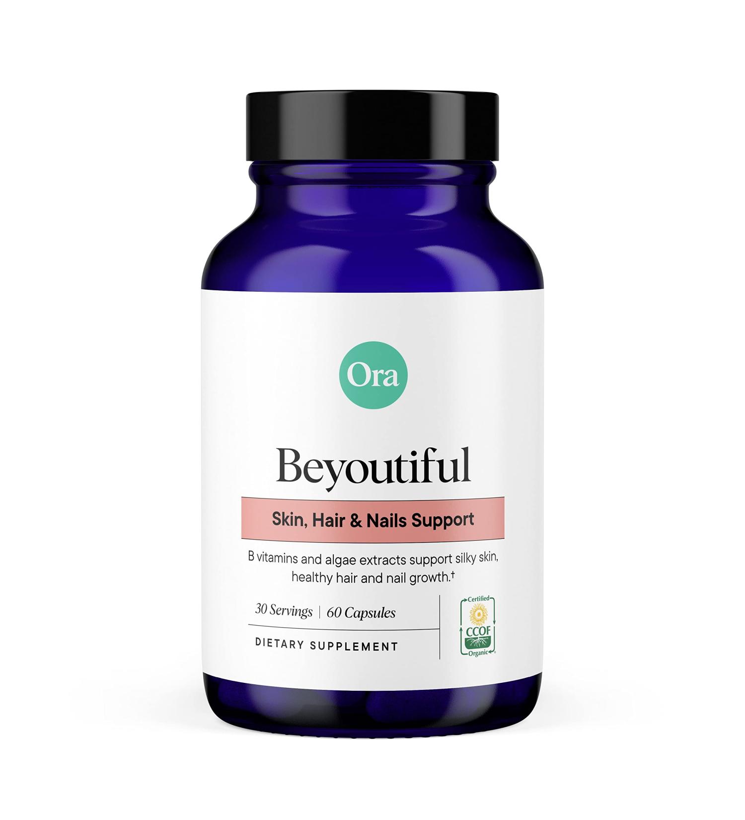 Ora Organic Hair, Skin, and Nails Support- BeYouTiful - Beauty Supplement with B Vitamins and Algae Extracts for Healthy Hair and Skin - 60 Vegan Capsules Beyoutiful (30 servings) - Buy Online on GoSupps.com