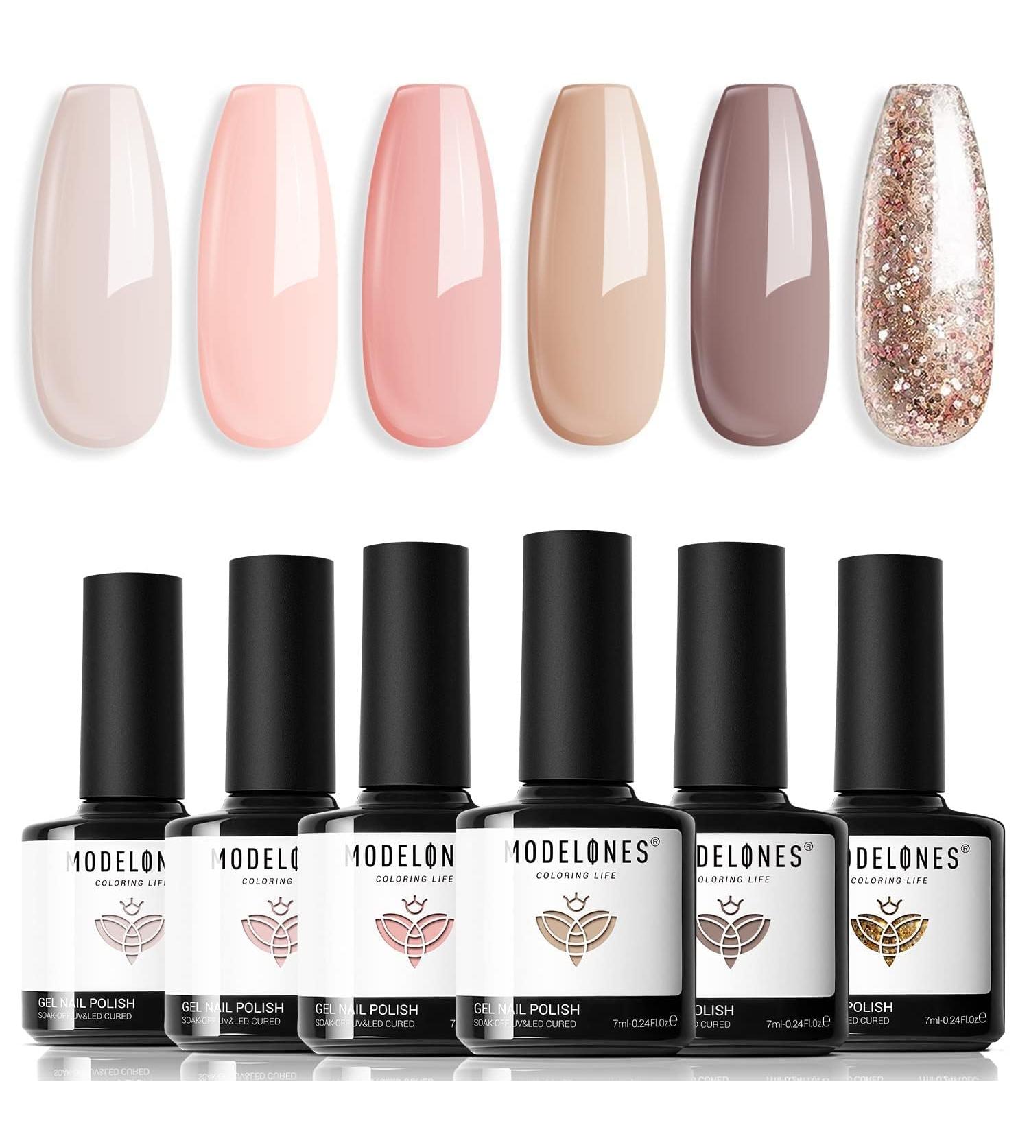Modelones Gel Nail Polish Set - 6 Nude Glitter Colors for French Manicure | Classic Pink Soak Off LED Gel Polish | DIY Salon Holiday Gifts - 7ml - Buy Online on GoSupps.com