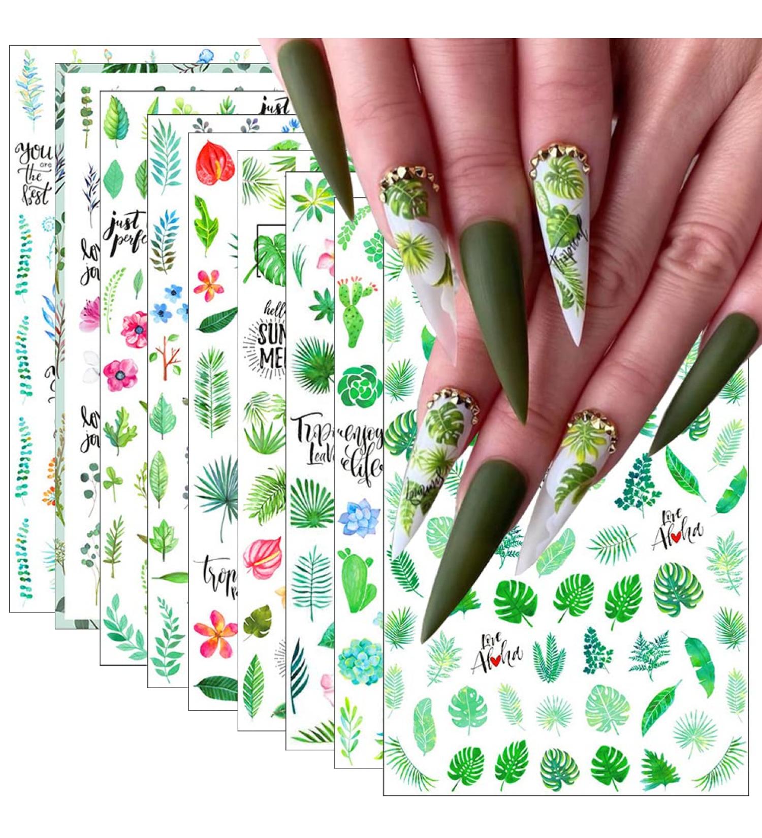 Summer Leaves Nail Stickers Decals | 3D Tropical Green Plants & Flowers | Self-Adhesive Manicure Designs - 9 Sheets (Design 5) - Buy Online on GoSupps.com