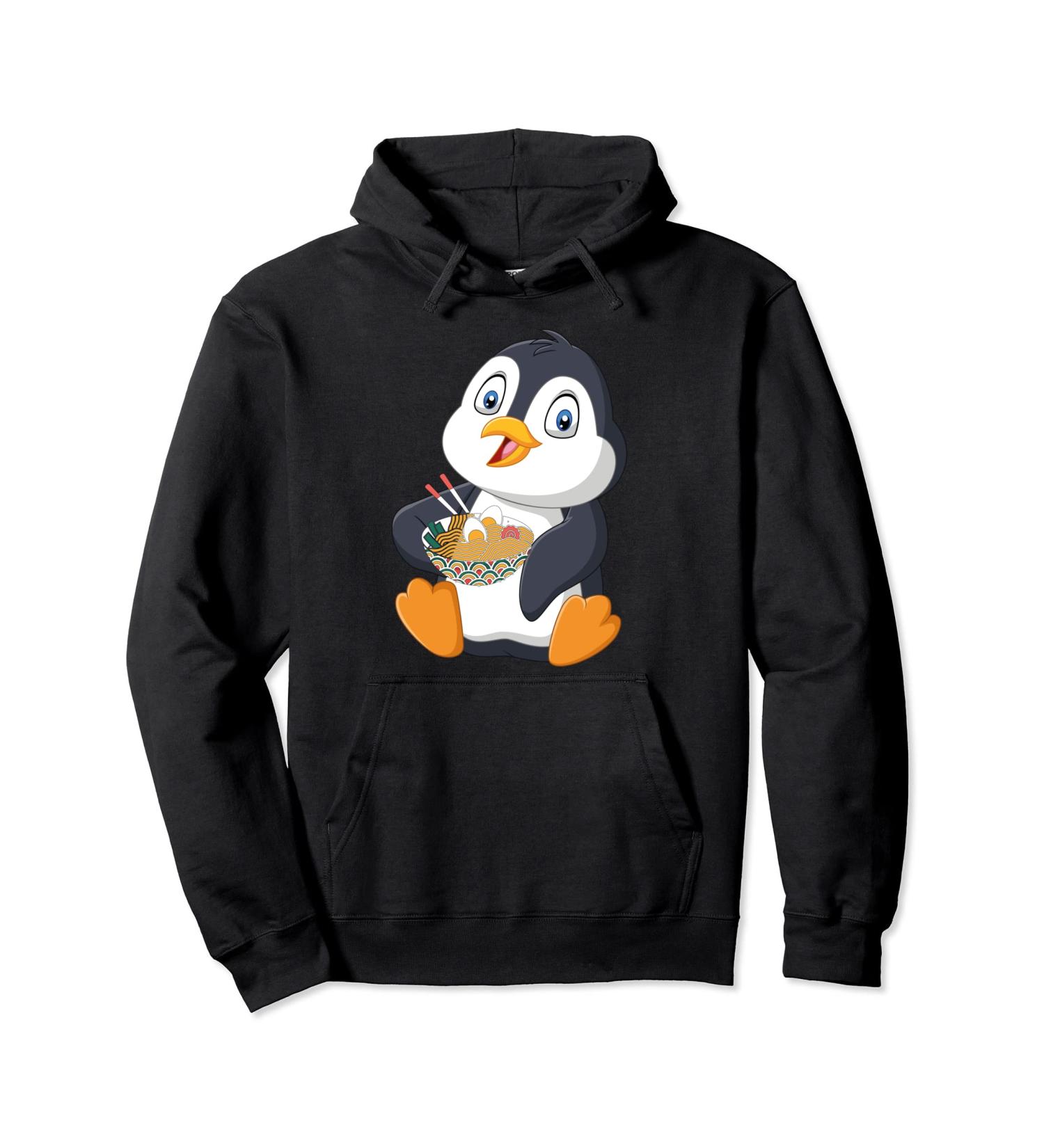 Penguin eating a Japanese Ramen noodle soup Pullover Hoodie