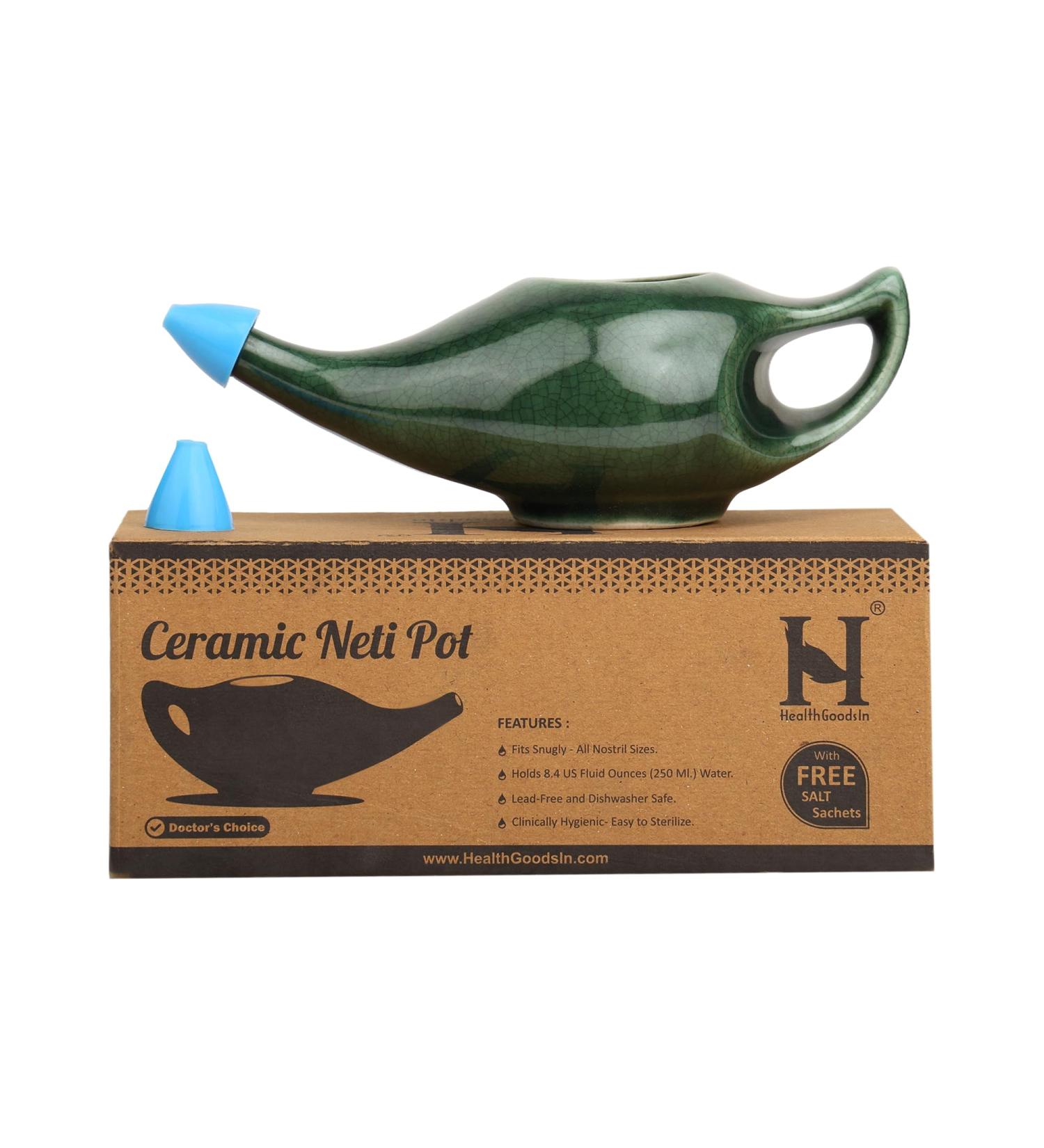 HealthGoodsIn Ceramic Neti Pot Premium Handcrafted Durable Dishwasher Safe with 2 Silicone Nozzle Tip 225 Ml. (7.6 FL Oz) Capacity (Green Crackle) - Buy Online on GoSupps.com