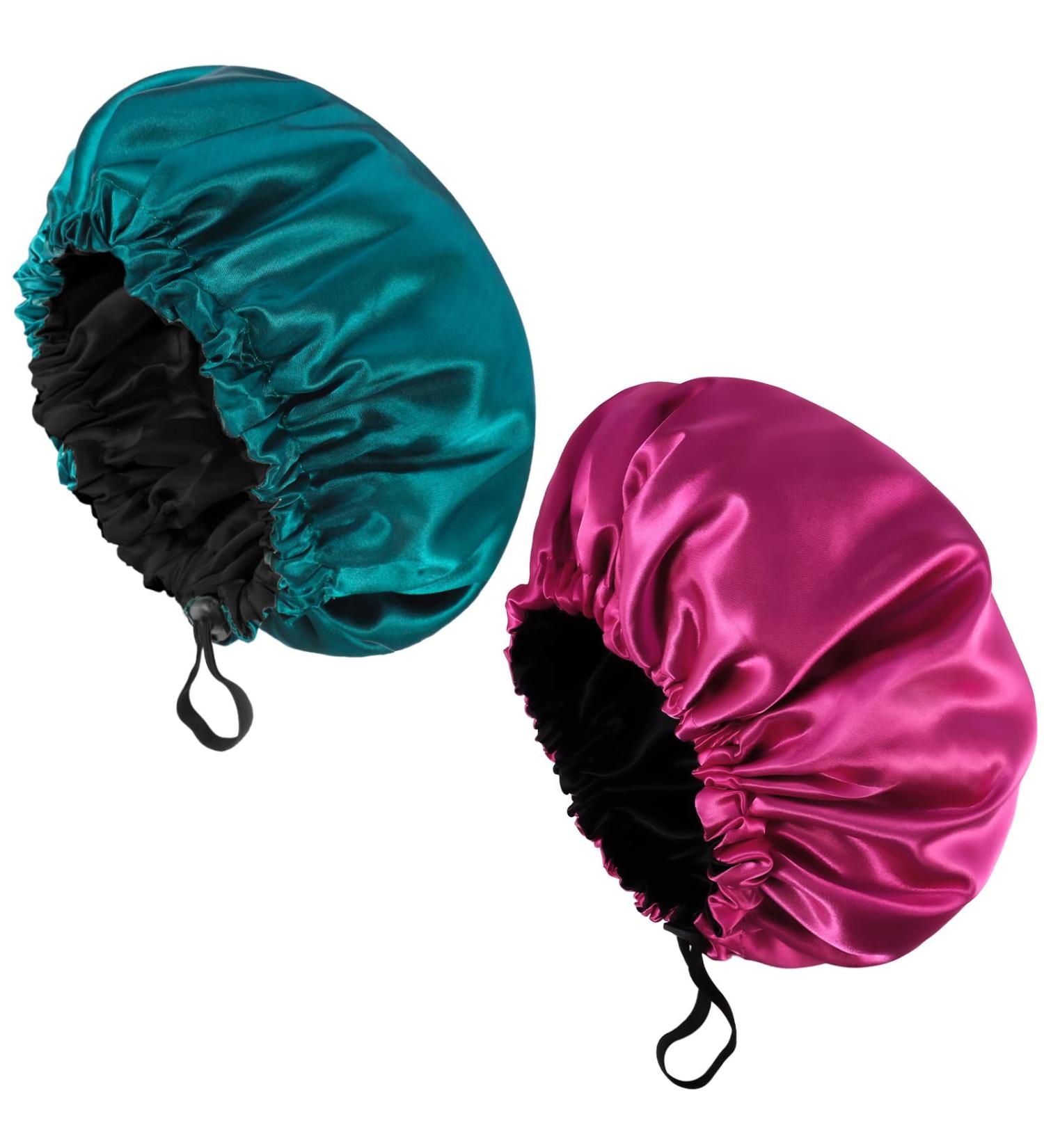 Fuyamp 2 Packs Satin Sleep Cap Adjustable Silky Sleep Bonnet for Women Long Curly Hair Double-Sided Waterproof Satin Hair Cap Extra Large Sleep Satin Bonnet for Women Girls Sleeping Lake Green+Rose Red - Buy Online on GoSupps.com