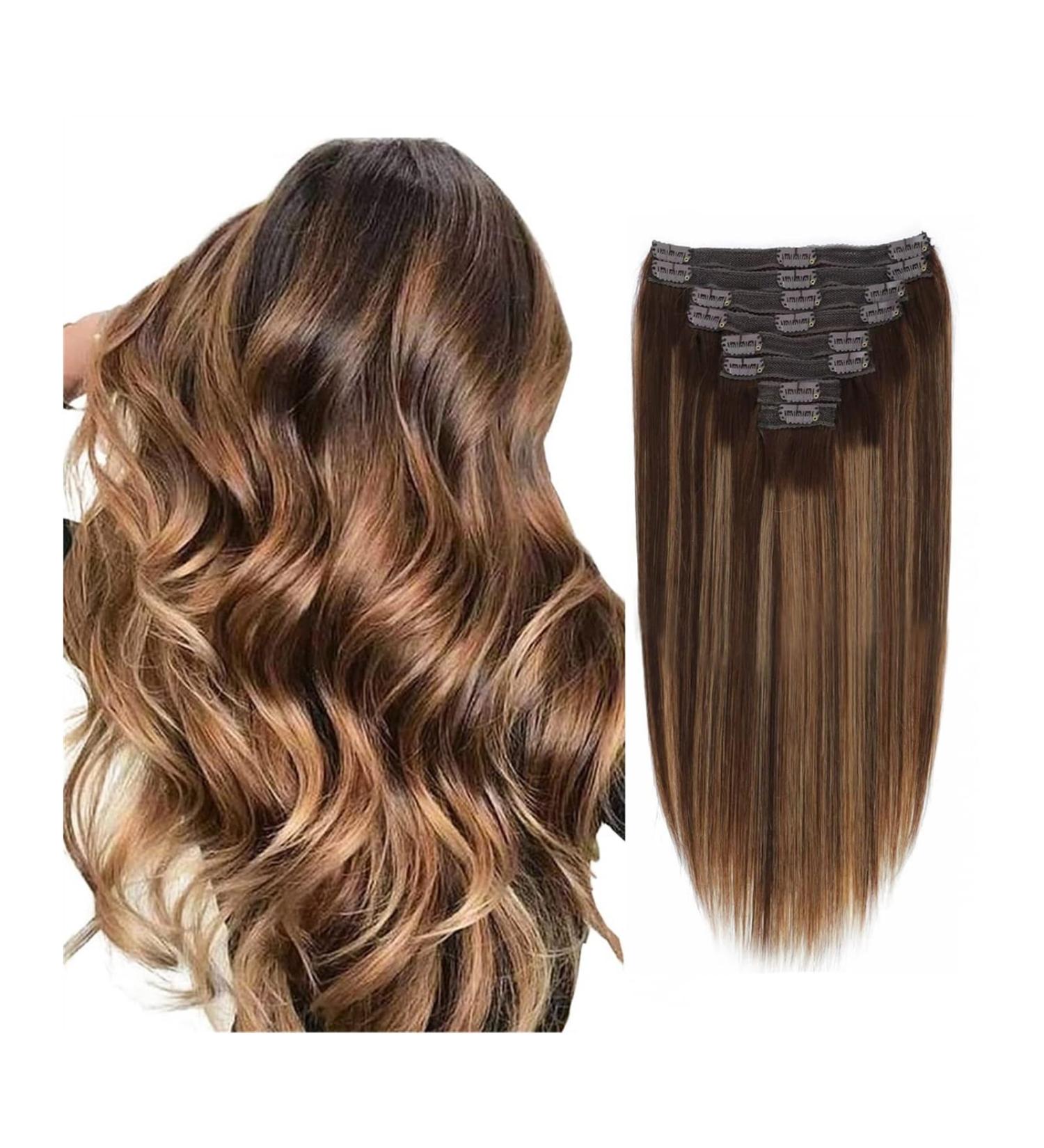 Secret Hair Extensions Straight Clip In Hair Extensions Human Hair Extensions P4/27 Medium Brown Mixed Blonde Full Head Clip Ins Natural Hair With 18 Clips Hair Decor for Women Girls (Size : 20inch 20inches 120g/Set - Buy Online on GoSupps.com