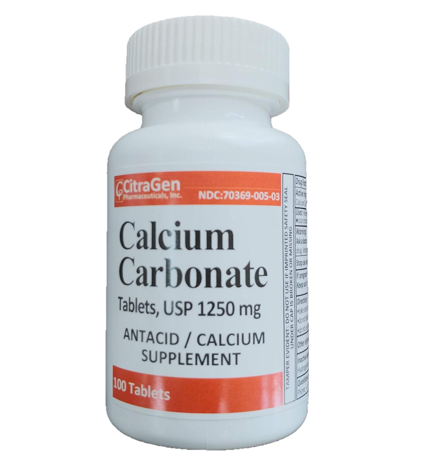 Calcium Carbonate Tablets USP 1250 mg for Relief of Acid Indigestion Heartburn Sour Stomach Upset Stomach and as Calcium Supplement 100 Tablets per Bottle by CitraGen Pharmaceuticals Inc - Buy Online on GoSupps.com