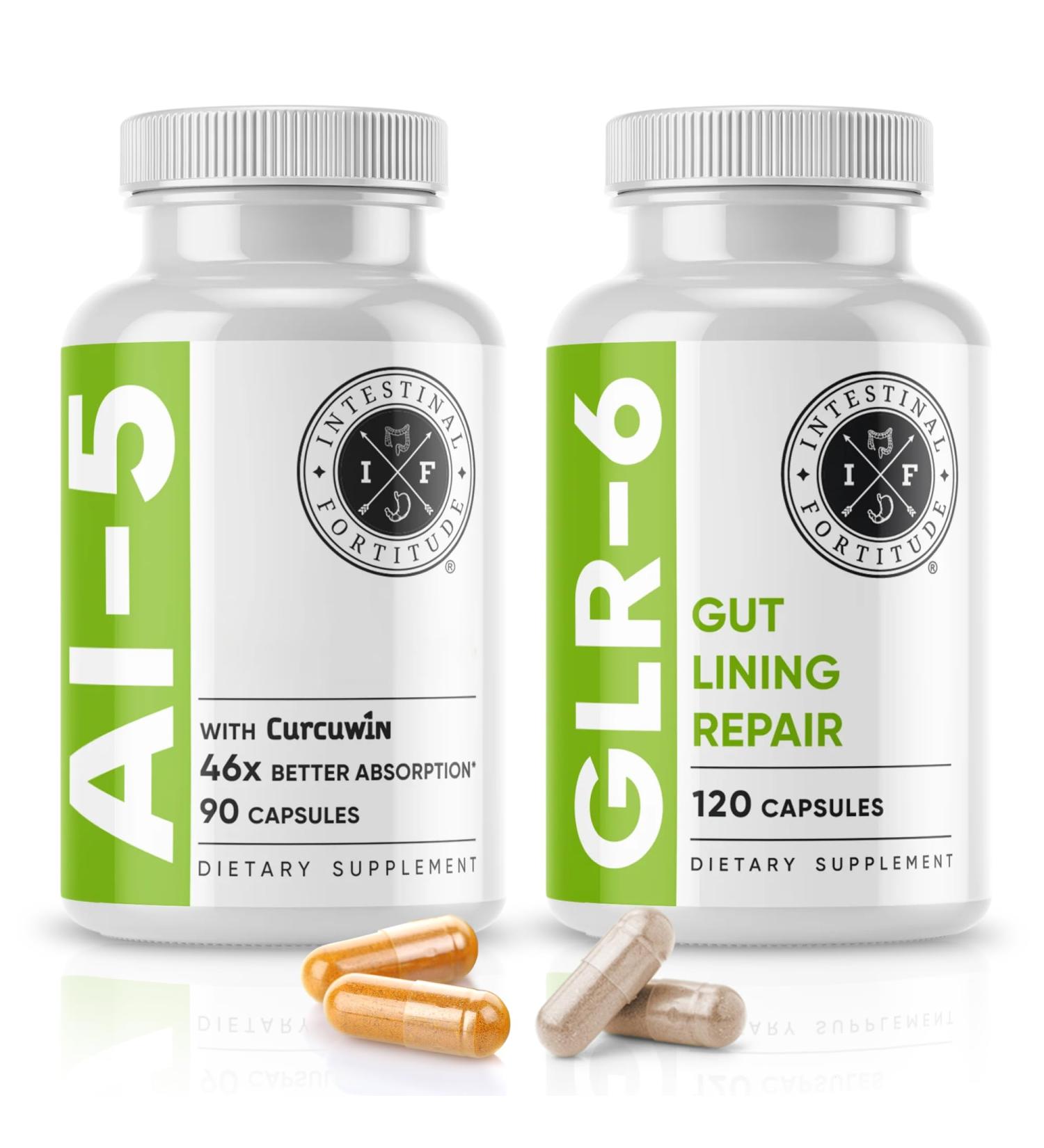 Intestinal Fortitude AI-5 & GLR-6 Digestive Health Supplement Bundle w/Glutamine Turmeric Curcumin for Gut Health Capsule Supplement & Support Digestive Health Non-GMO Dairy Free - 30-Day Supply GLR-6 / AI-5 Bundle - Buy Online on GoSupps.com