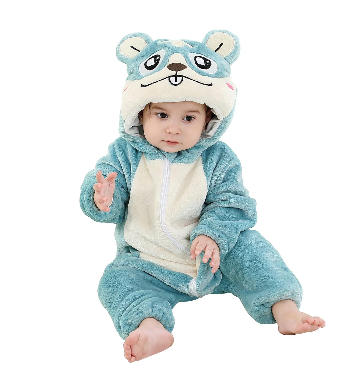 COOKY.D Baby Hooded Rompers | Winter Flannel Jumpsuit Pajamas | 3-6 Months Hamster Design - Buy Online on GoSupps.com