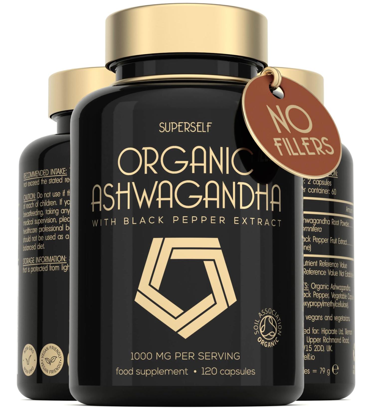 Organic Ashwagandha High Strength - 1000mg Ashwaganda 120 Capsules - Natural Support for Calm & Balance - Pure Root Powder with Black Pepper - Enhanced Absorption - Soil Association Organic Certified 120 count (Pack of 1) - Buy Online on GoSupps.com