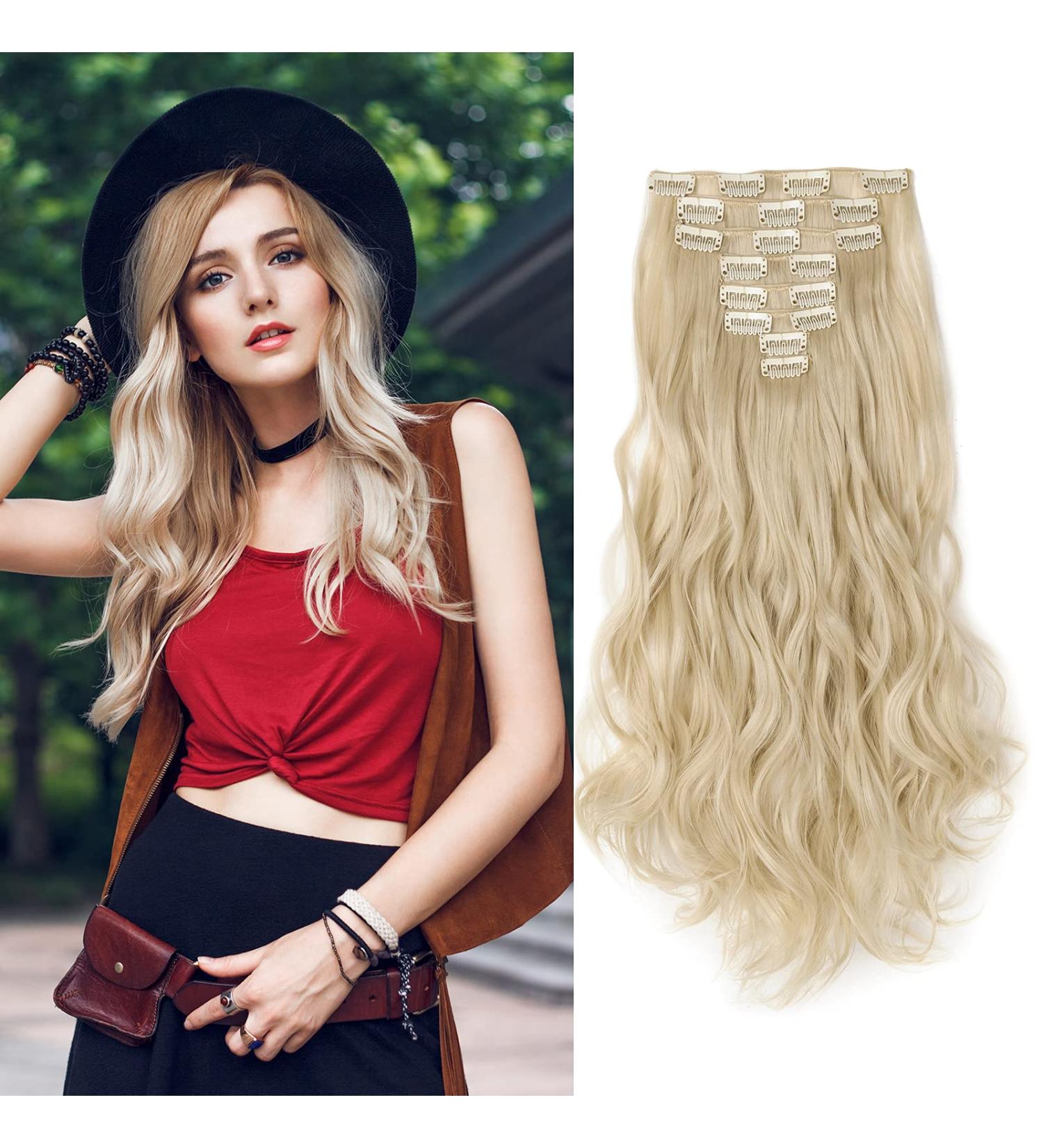8Pcs Clip in Hair Extensions Synthetic Curly Wavy Hair Pieces - 17 Inch #Bleach Blond - Buy Online on GoSupps.com