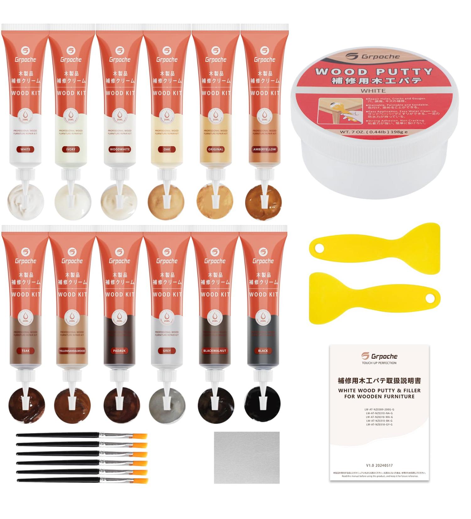 12 Color Furniture Repair Kit - Wood Putty & Touch Up for Stains Holes Laminate - Paintable Vinyl Floor Repair Solution | Perfect for Cabinets Tables Cherry Oak & Walnut - Buy Online on GoSupps.com