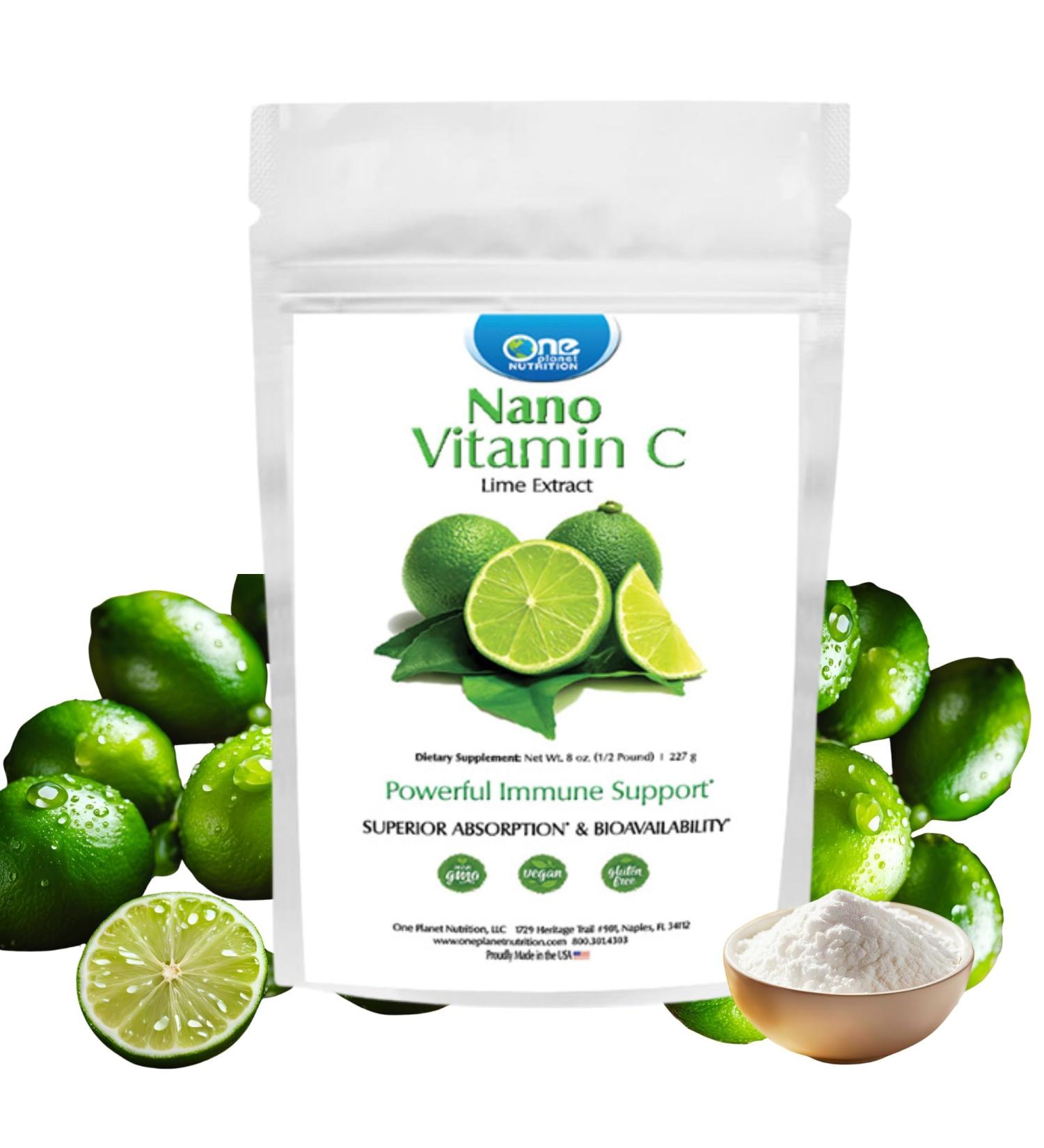 One Planet Nutrition Nano Vitamin C Powder 8 oz (227 Servings) - Nano-Particle Size Ascorbic Acid from Lime Extract - Supports Collagen Production & Immune Health - Non-GMO Vegan