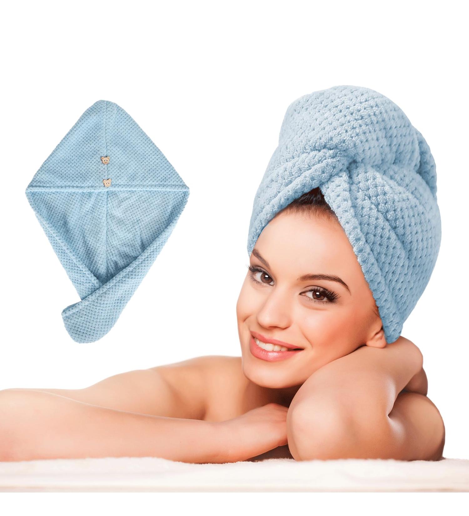 LTBL Microfiber Hair Cloth Wrap - Large Double-Layer Fast Drying Towel for Women - Thickened Light Blue Hair Drying Wrap with Button - Buy Online on GoSupps.com