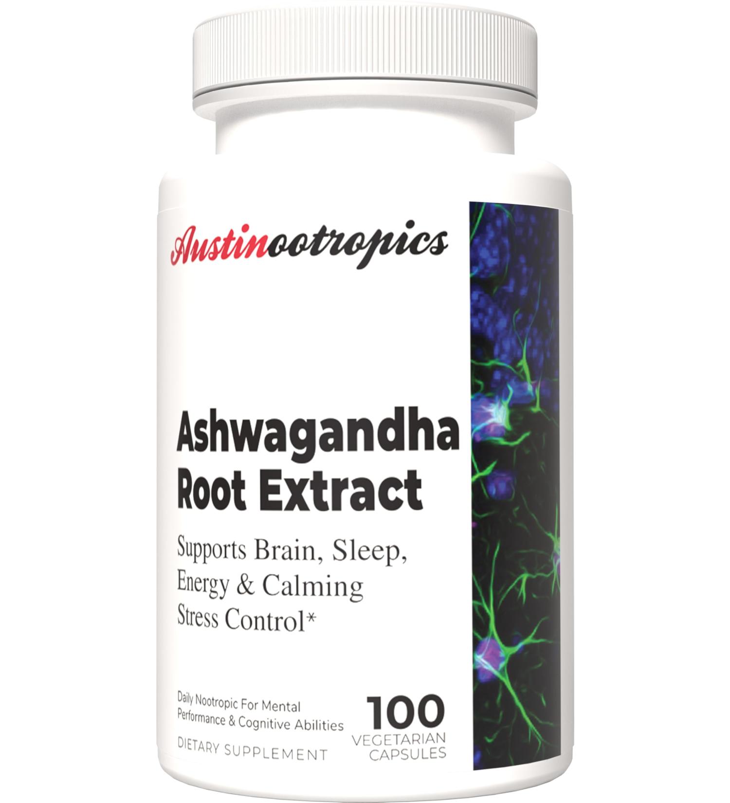Austinootropics Ashwaganda Root Extract 500mg Daily Adaptogen Capsules for Stress Support Mood Balance Energy & Focus 100 Vegan Capsules