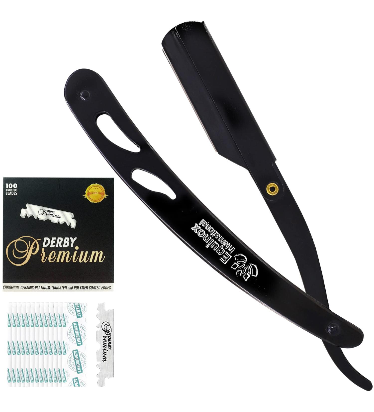 Equinox Professional Straight Edge Razor with 100 Single Derby Blades Close Shaving Men's Manual Shaver Kit - Buy Online on GoSupps.com