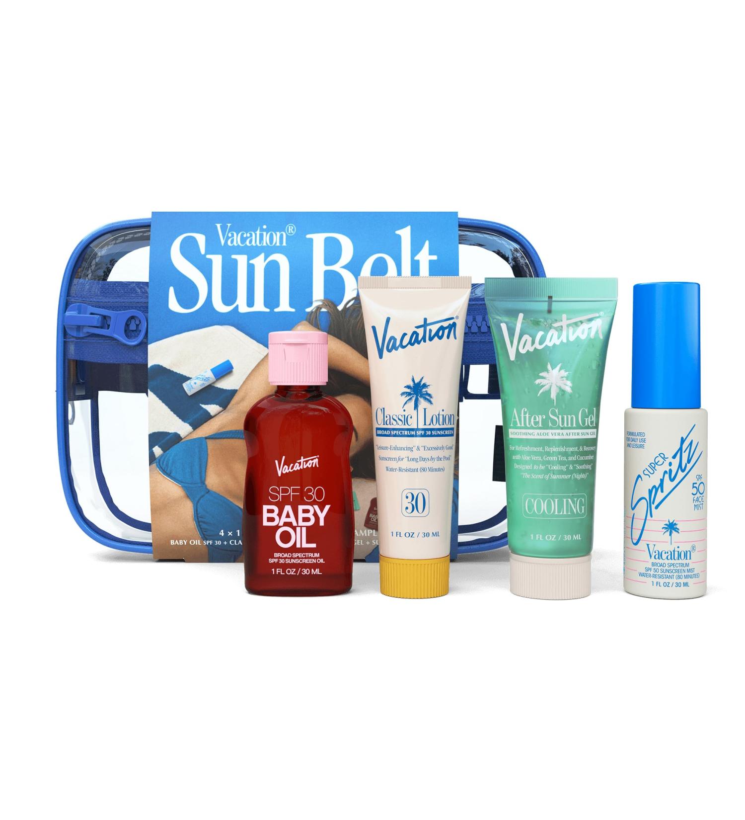 Vacation Sun Belt Sampler Bag | Mini Baby Oil SPF 30 Super Spritz SPF 50 Mist Classic Lotion SPF 30 After Sun Gel & Fanny Pack - International Shipping Available - Buy Online on GoSupps.com