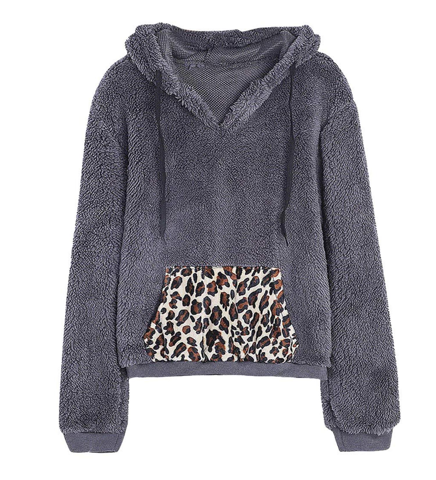 Bigfanshu Womens Sweaters Winter Warm Long Sleeve Stitching Leopard Plush Blouse Coat Sweater Gray - Buy Online on GoSupps.com