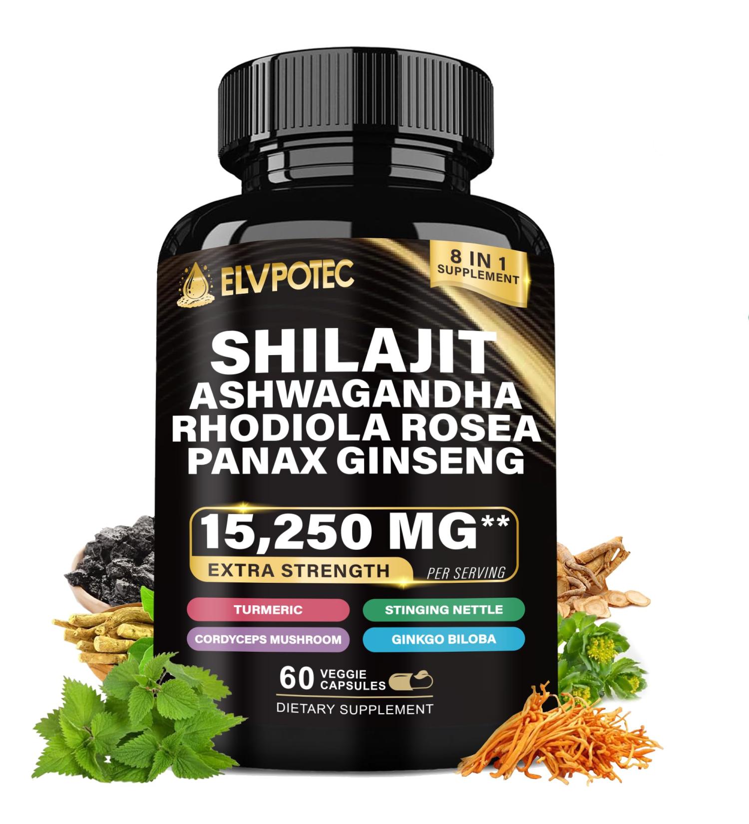 ELVPOTEC 9000MG Shilajit 2000MG Ashwagandha Energy Booster 1000MG Rhodiola Rosea 1500MG Panax Ginseng 500MG Turmeric Ginkgo 250MG Stinging Nettle 500MG Cordyceps Mushroom - Buy Online on GoSupps.com