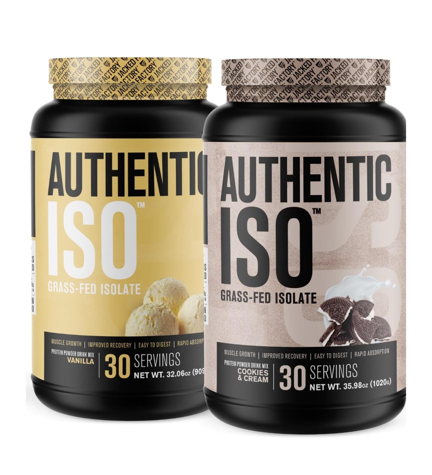 Jacked Factory Authentic ISO Grass Fed Whey Protein Isolate Powder - Low Carb Non-GMO Muscle Building Protein w/No Fillers (Vanilla 30sv) & (Cookies & Cream 30sv) - Buy Online on GoSupps.com