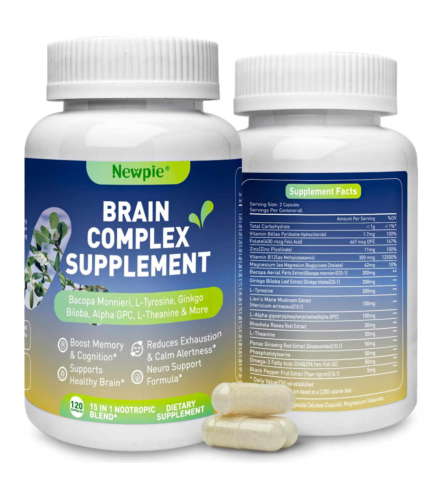 Newpie Brain Supplements for Memory & Focus 15 in 1 Brain Supplement Nootropic with Bacopa Monnieri Alpha GPC Ginkgo Biloba Lion's Mane for Mental Clarity & Concentration 120 Caps (1) - Buy Online on GoSupps.com