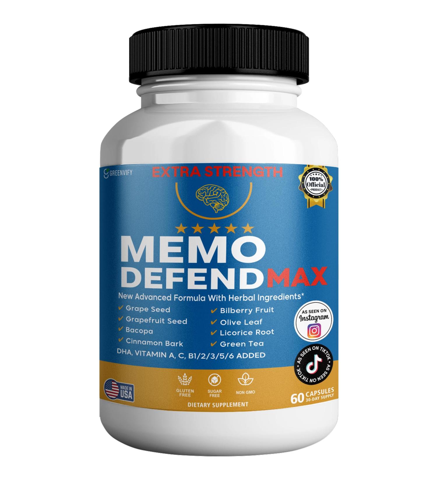 Memo Defend Max Memory Support Supplement 60 Capsules with Vitamins A C D E B Complex DHA Bacopa Grapefruit Seed (1) - Buy Online on GoSupps.com