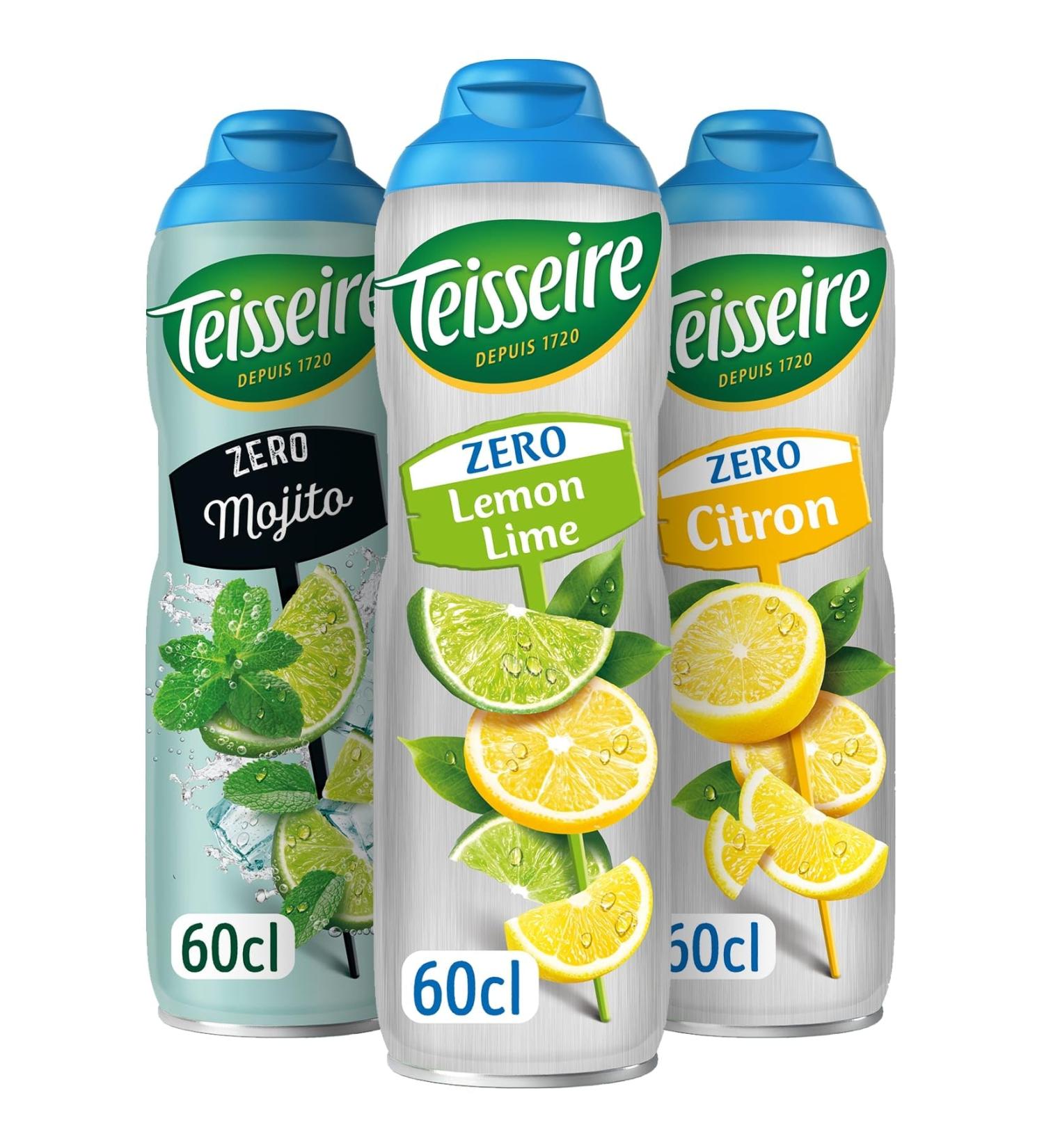 Set of 3 Teisseire Zero Sugar Syrups (Citron - Lime Mojito Lemon) for Refreshing Drink Cocktails Recyclable Bottle 3 x 60 cl - Buy Online on GoSupps.com