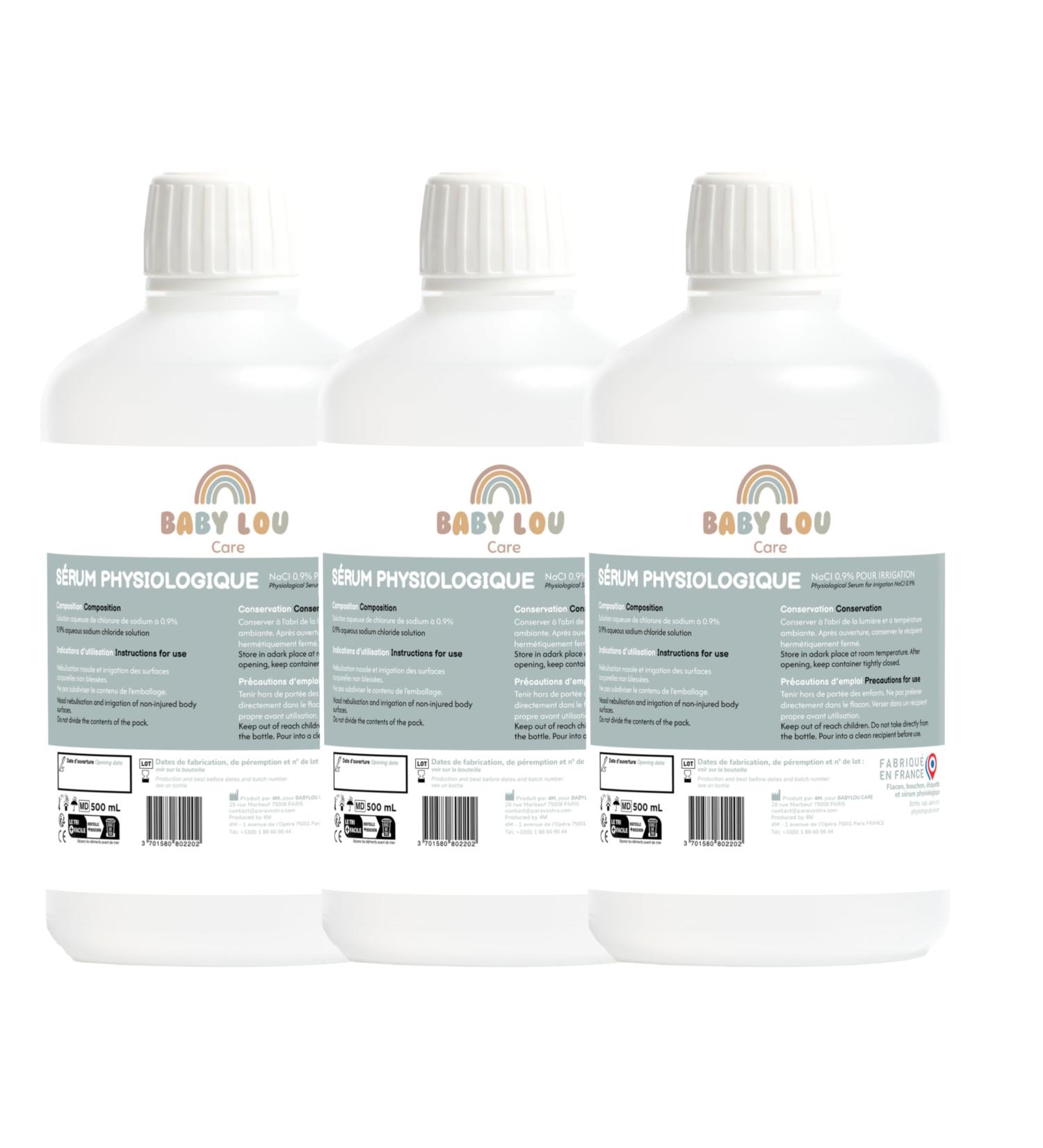 BABYLOU CARE | Physiological serum bottle | NaCl 0.9% | Nasal cavities wash & Eye hygiene | Eye & nose hygiene | For external irrigation | Made in France | 3 x 500 ml - Buy Online on GoSupps.com