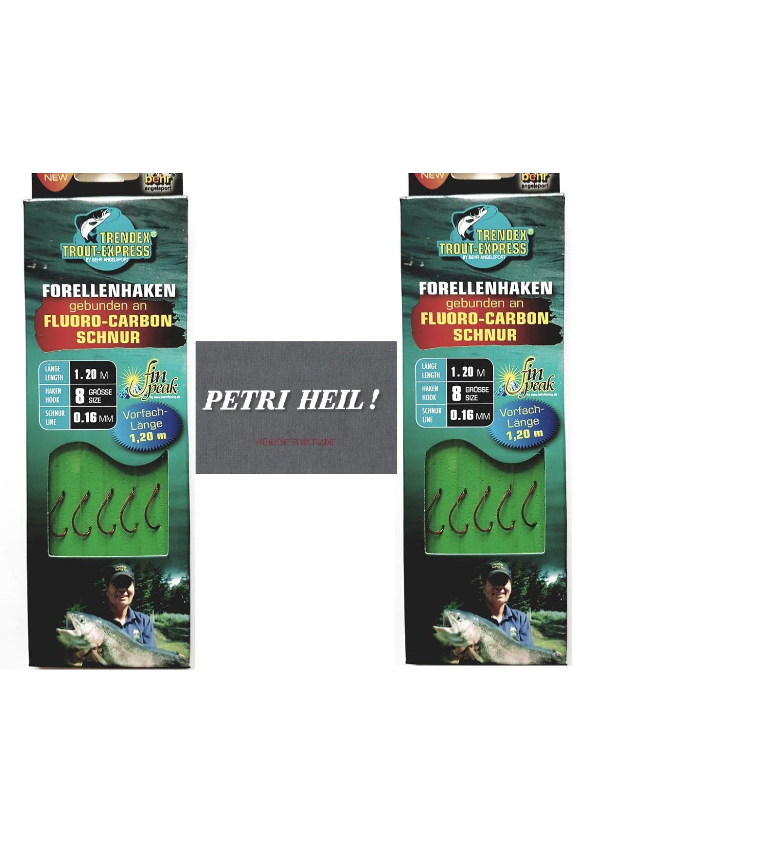 Set: 2-6 packs bound trout hook (10-30 pieces) on fluoro carbon cord leader hook size 4 6 & 8 from Behr + free Petri Heill!Sticker 2 packs of hook size 8