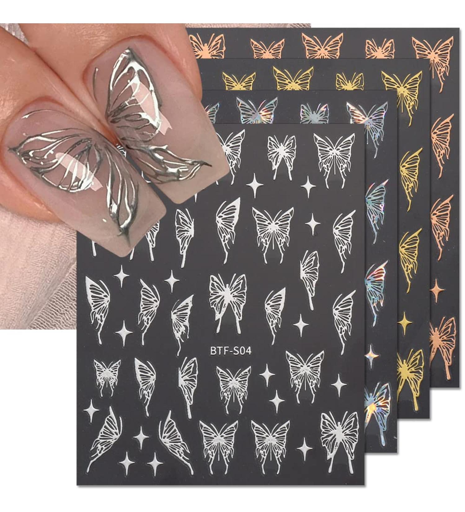 Bronzing Laser Butterfly Nail Stickers - 3D Metallic Butterfly Decals for Women (8pcs) - Buy Online on GoSupps.com