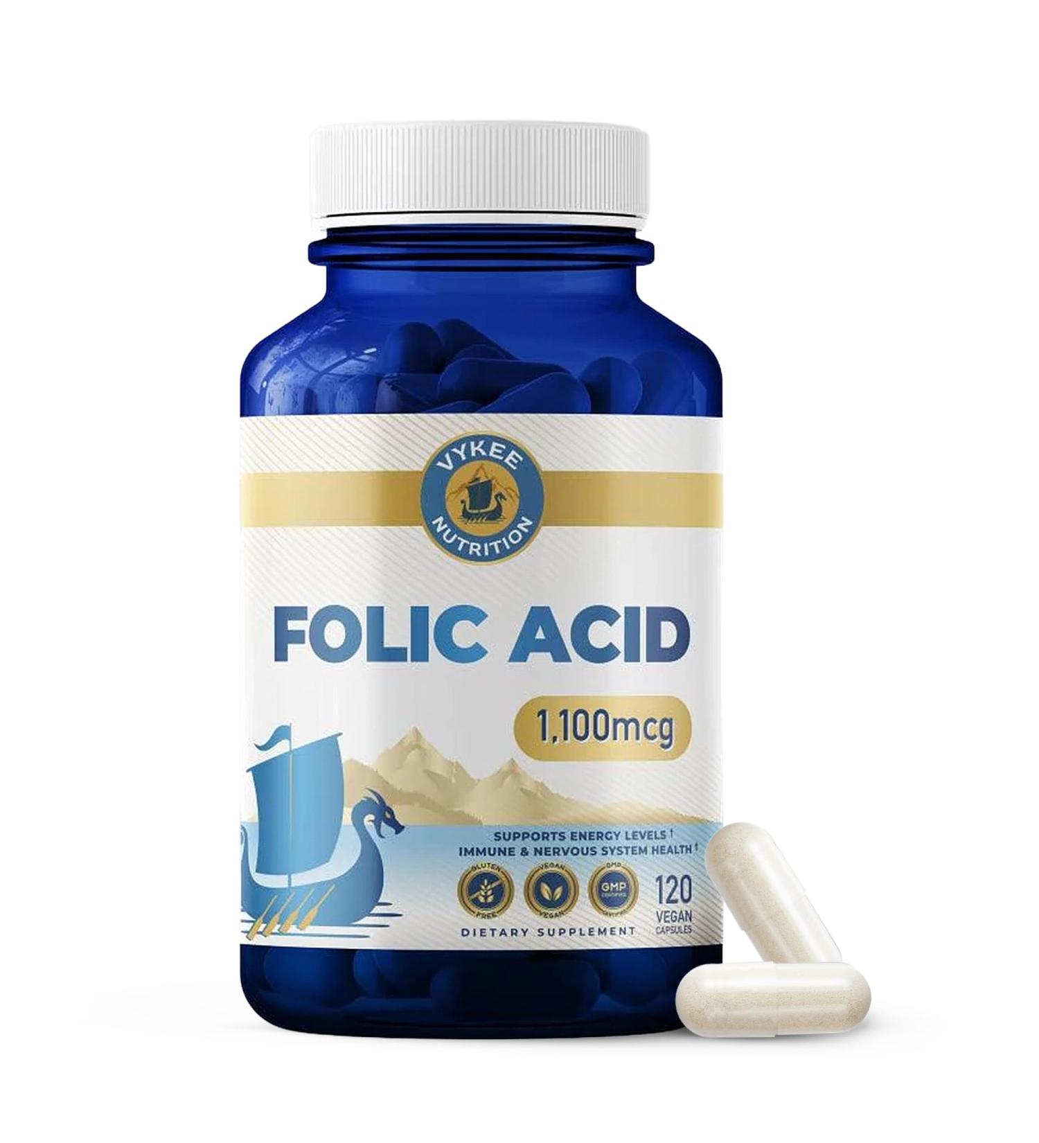 Vykee Nutrition Folic Acid Capsules - Supports Body Processes Prenatal Health and Energy - Vitamin B9 Supplement for Women - Vegan Non-GMO Gluten Free - 1100 mcg 120 Count - Buy Online on GoSupps.com