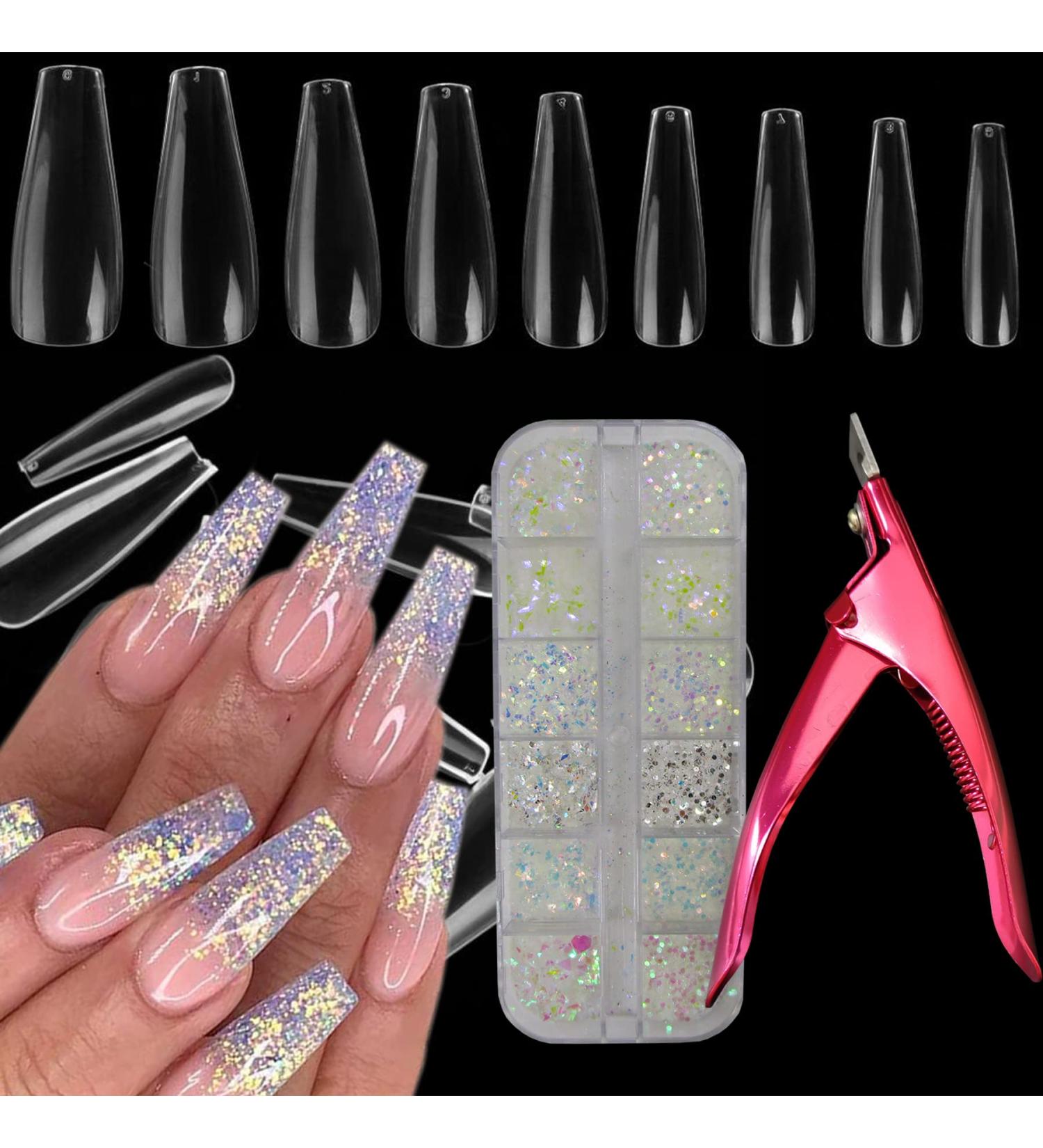 Clear Coffin False Nails Kit with Glitter Flakes - 500pc Full Cover Acrylic Tips & Tools for Manicure - Buy Online on GoSupps.com