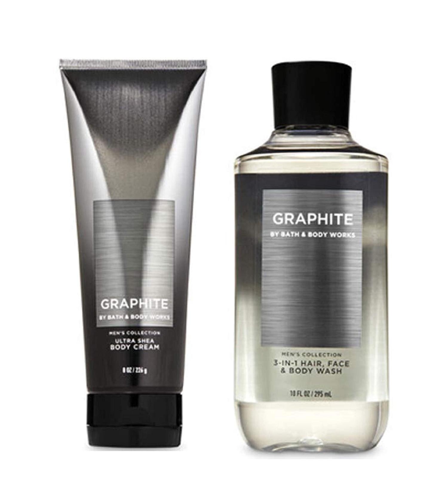 Bath and Body Works Just for Him Gift Set Graphite for Men Ultra Shea Body Cream and 2-in-1 Hair + Body Wash. Full Size