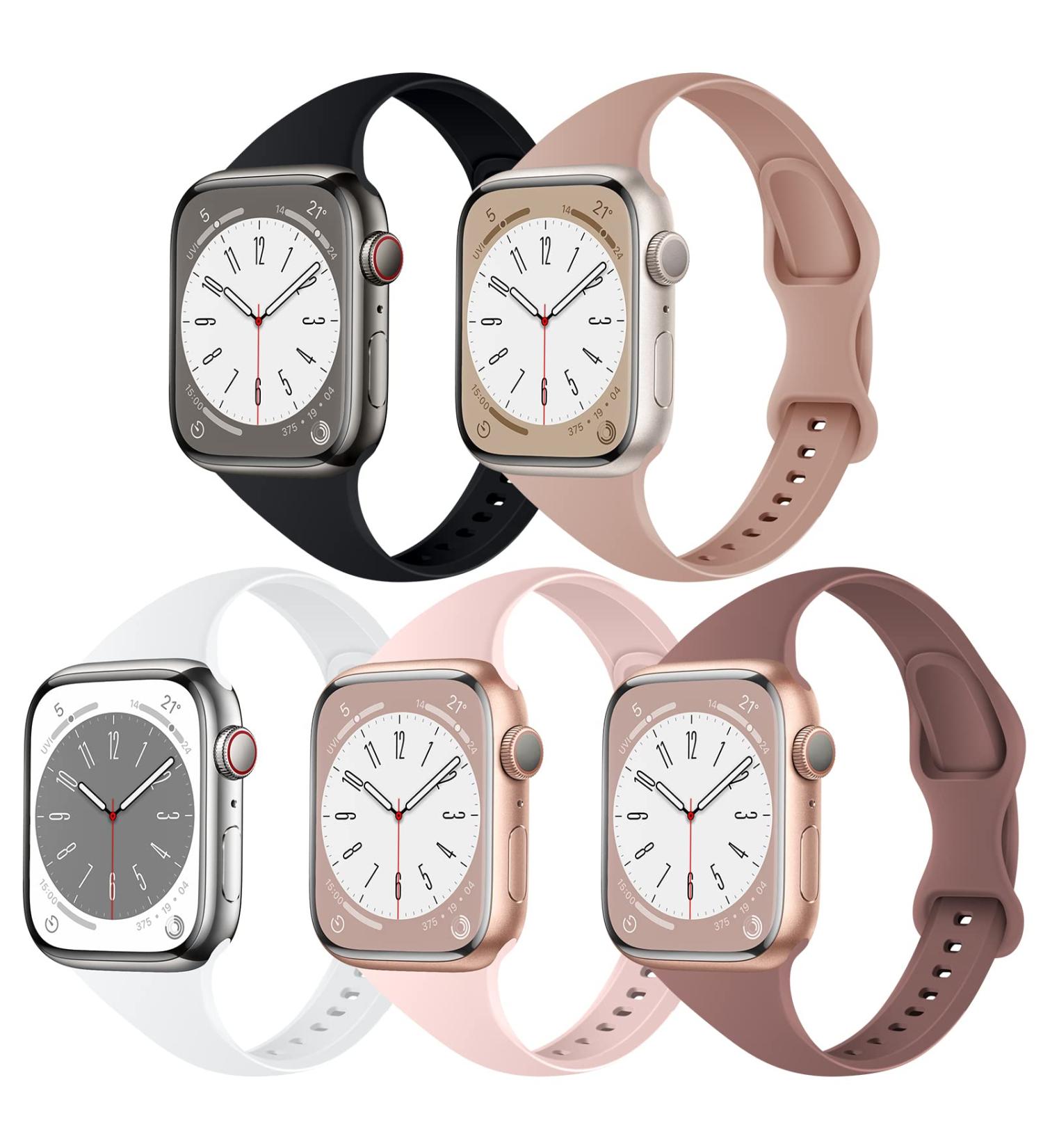 TSAAGAN 5 Pack Silicone Slim Bands for Apple Watch 38mm 42mm 40mm 44mm - Ultra-Thin Sport Strap for iWatch Series 8/7/SE/6/5/4/3/2/1 - Women Men Black/Milk Tea/White/Sand Pink/Smoke Violet - Buy Online on GoSupps.com