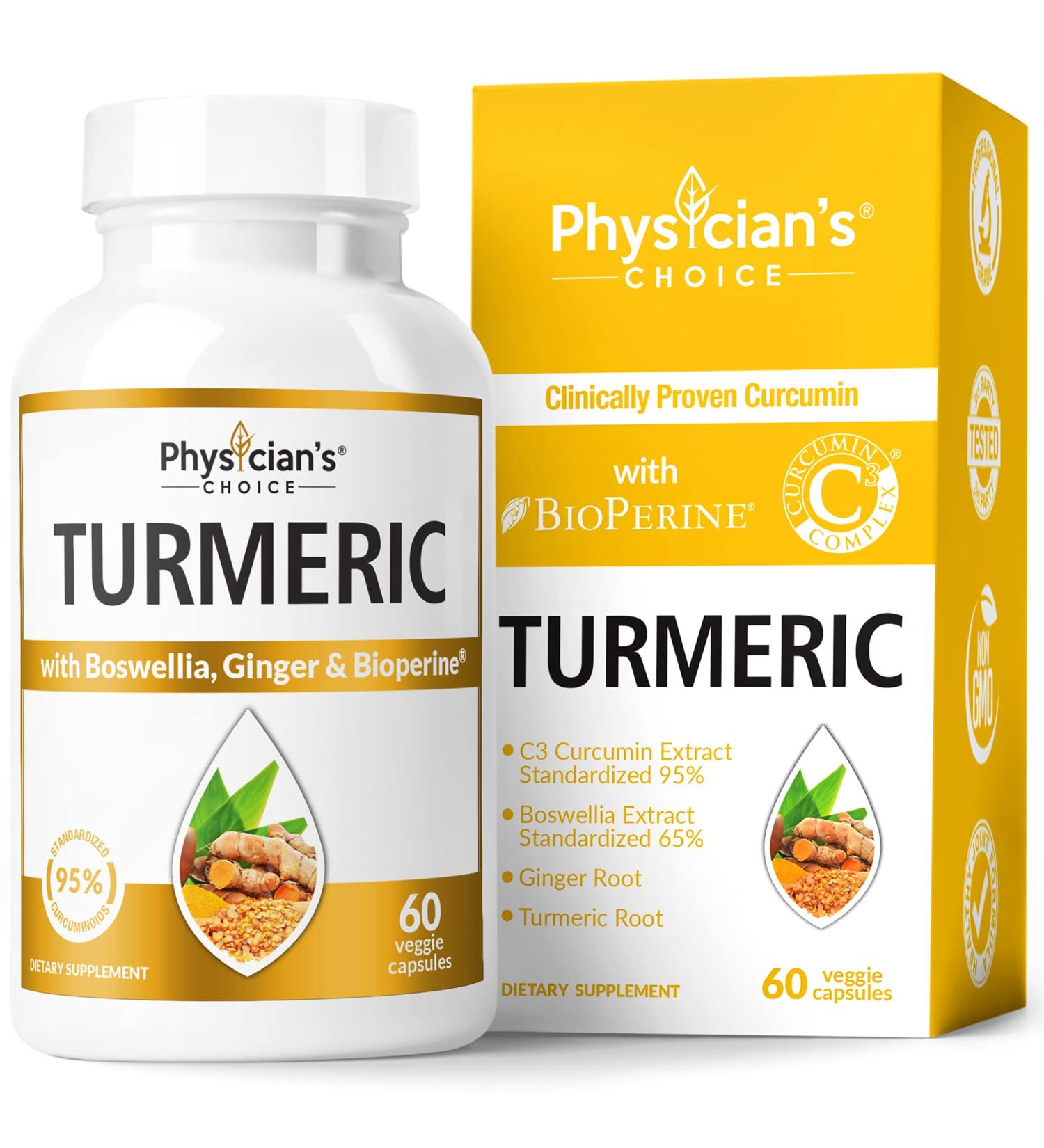 Organic Turmeric with Bioperine & Ginger - Physician's Choice 60 Veg Capsules - Buy Online on GoSupps.com